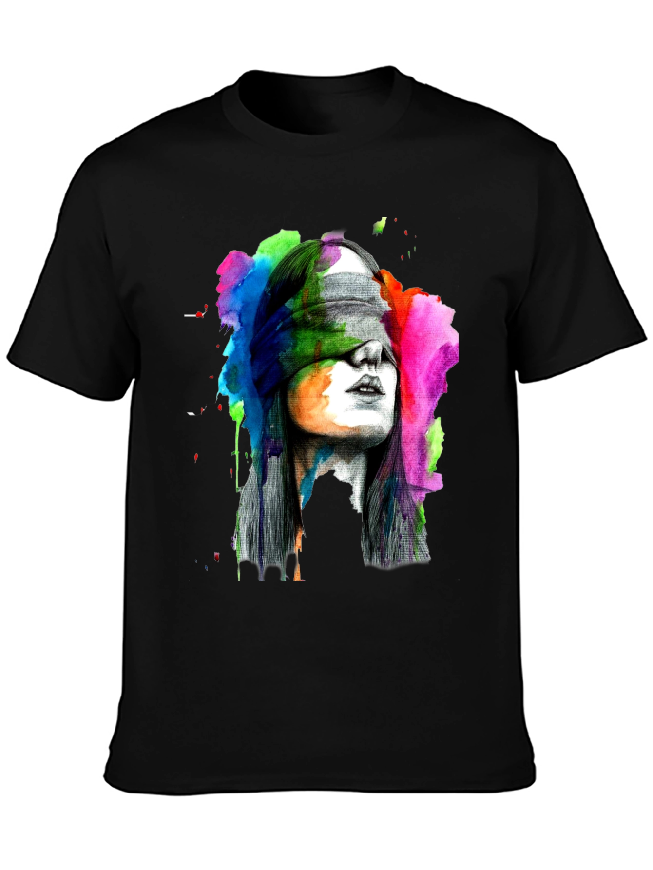 Black Blindfolded Woman Graphic Tee - Artistic Black T-Shirt view 3
