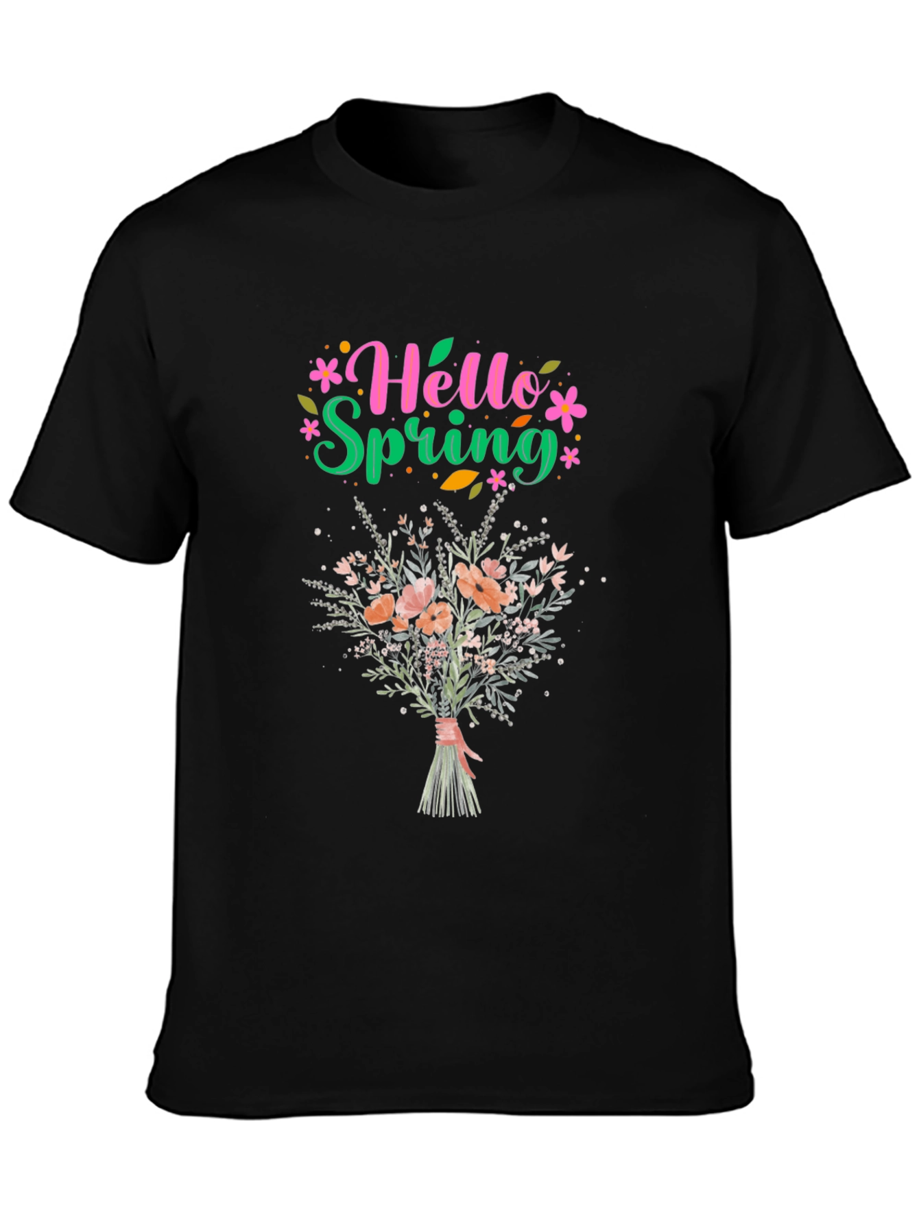Black Hello Spring Floral Bouquet Graphic T-Shirt view 3