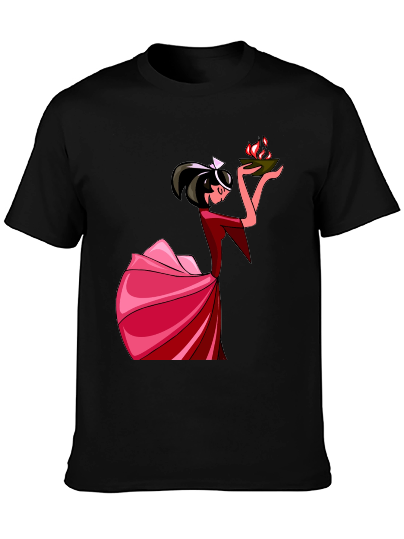 Black Unique Graphic T-Shirt: Lady with Fire view 3