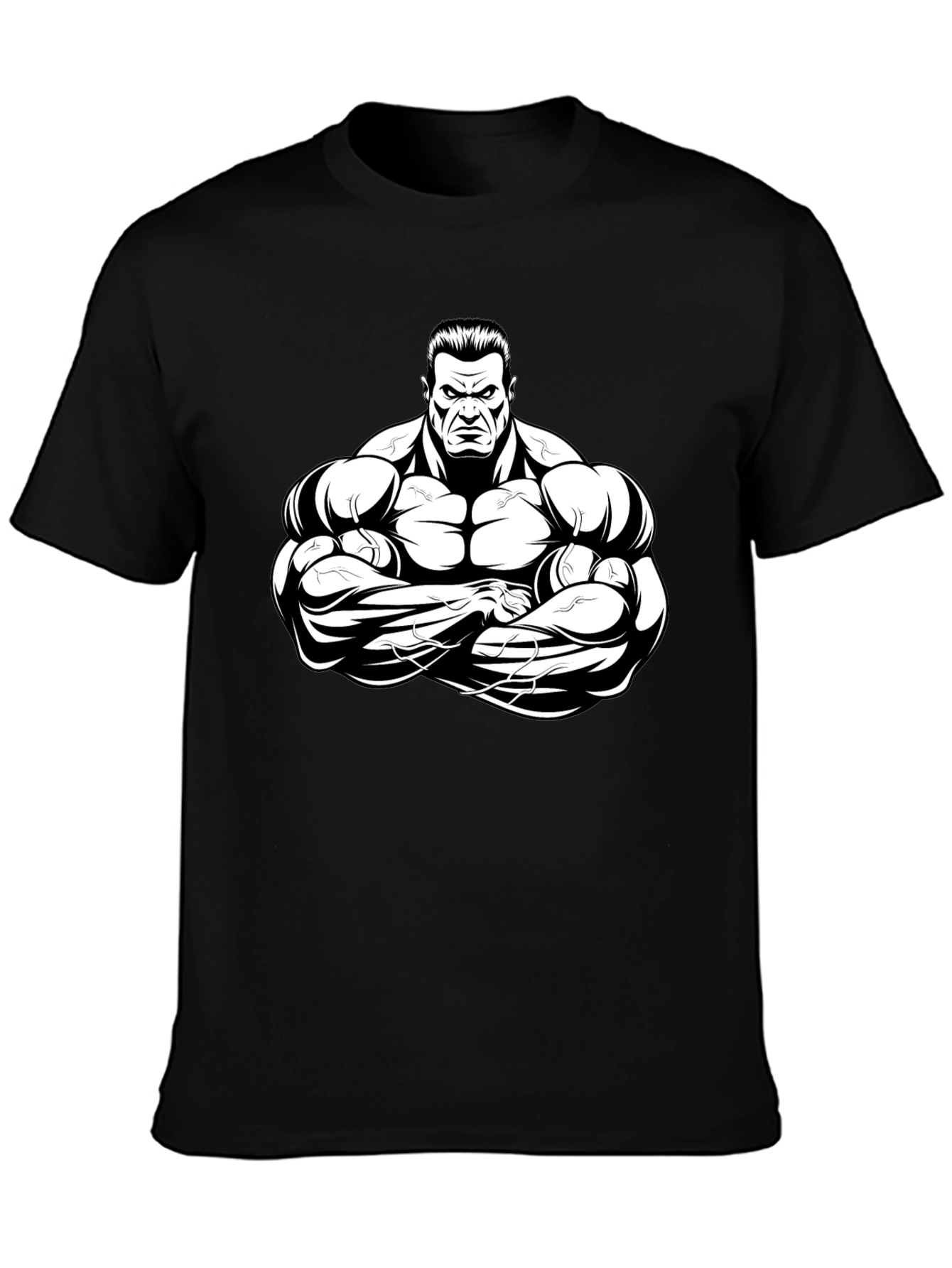Black Black T-Shirt with Muscular Cartoon Graphic view 3