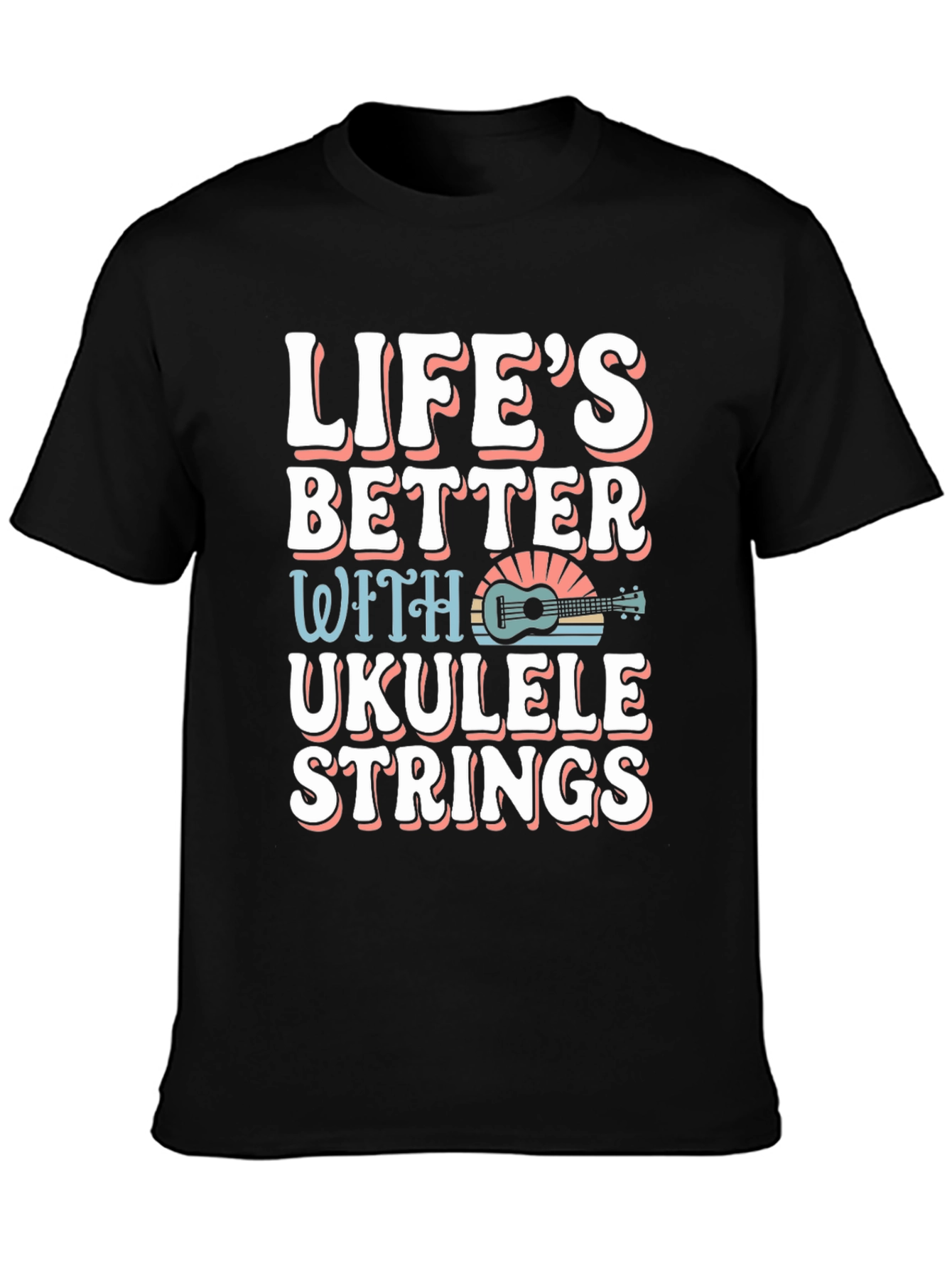 Black Life's Better Ukulele Strings Graphic Tee view 3