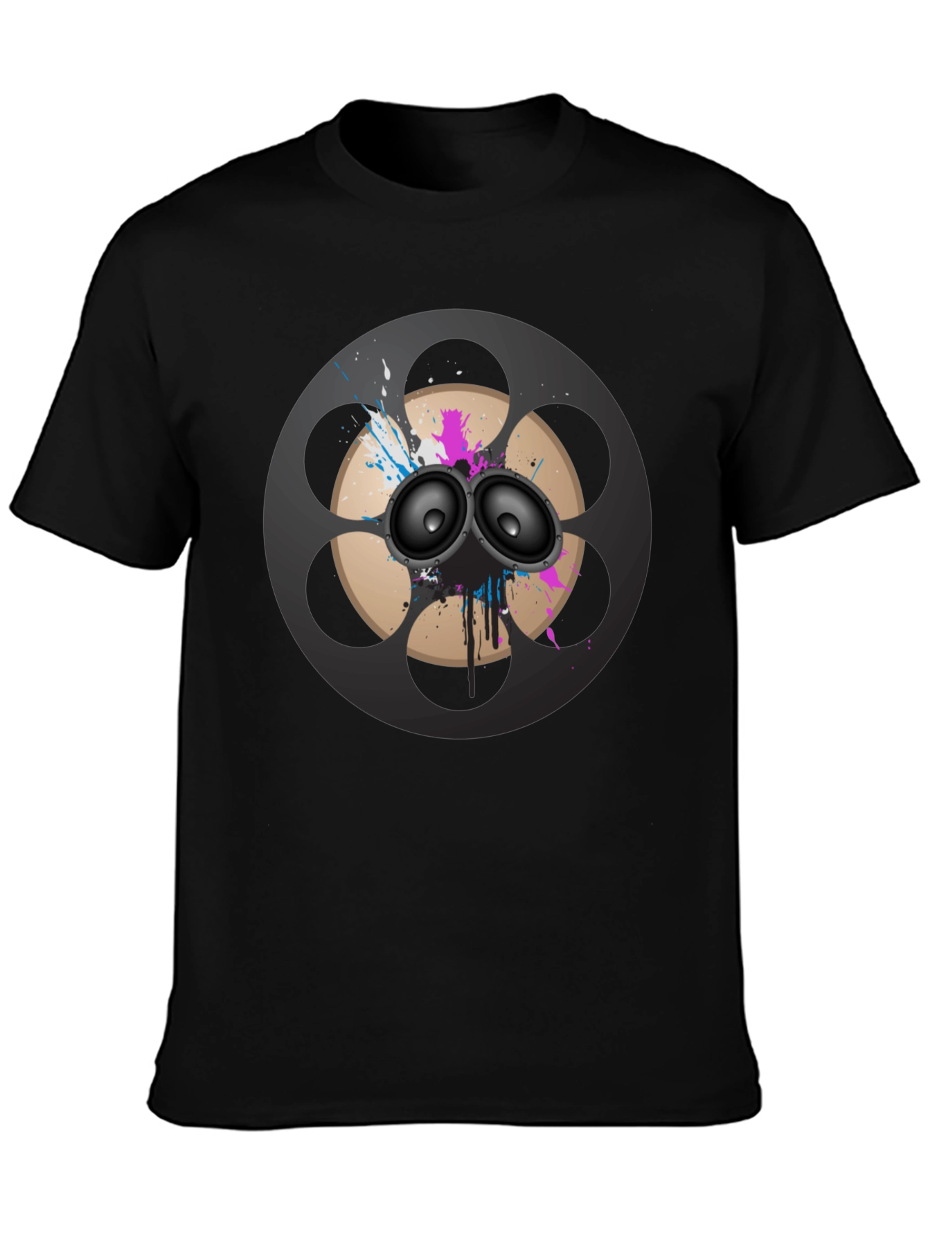 Black Retro Film Reel Speaker Graphic T-Shirt view 3