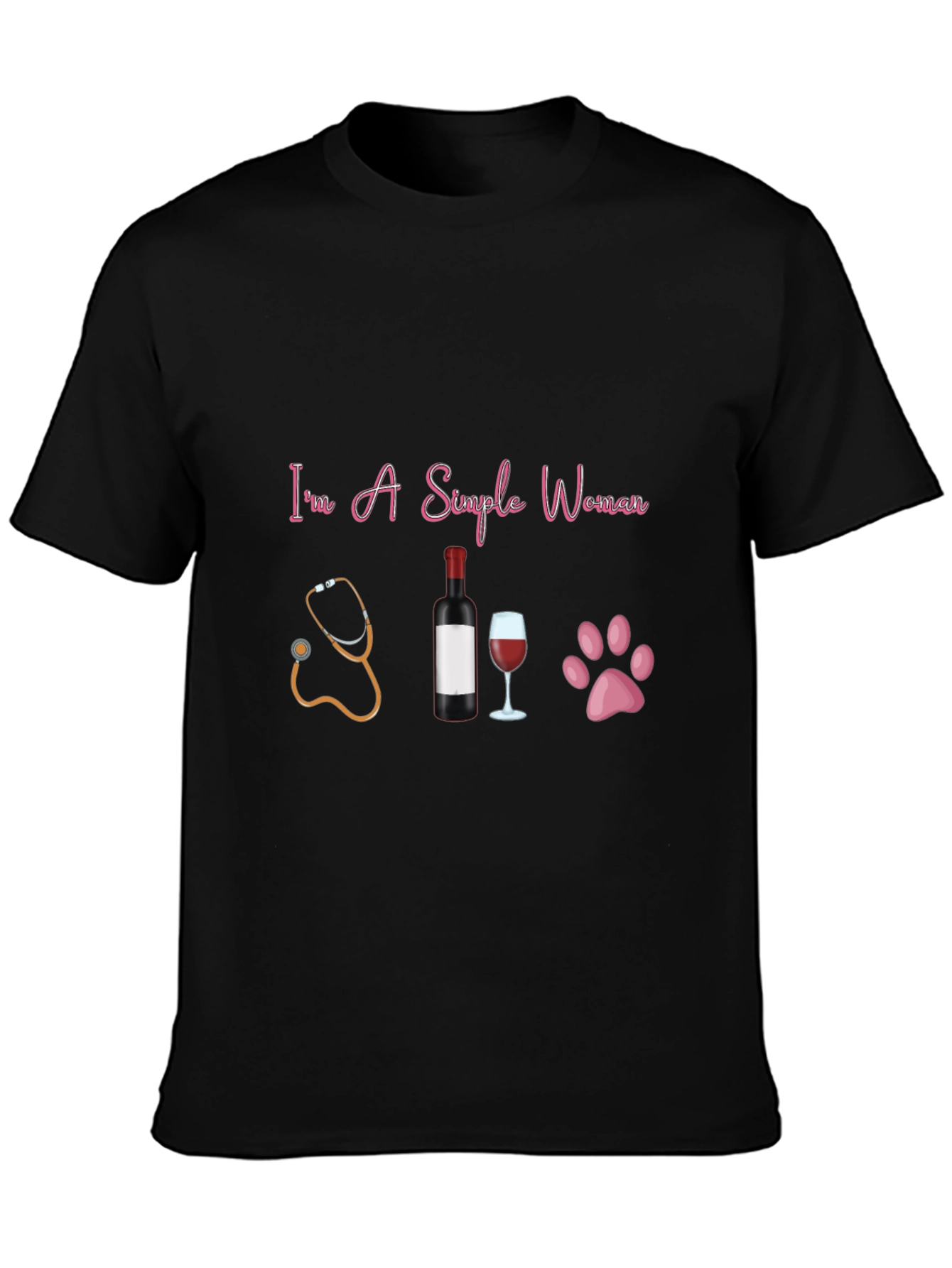 Black Simple Woman T-Shirt: Stethoscope, Wine, & Paws view 3