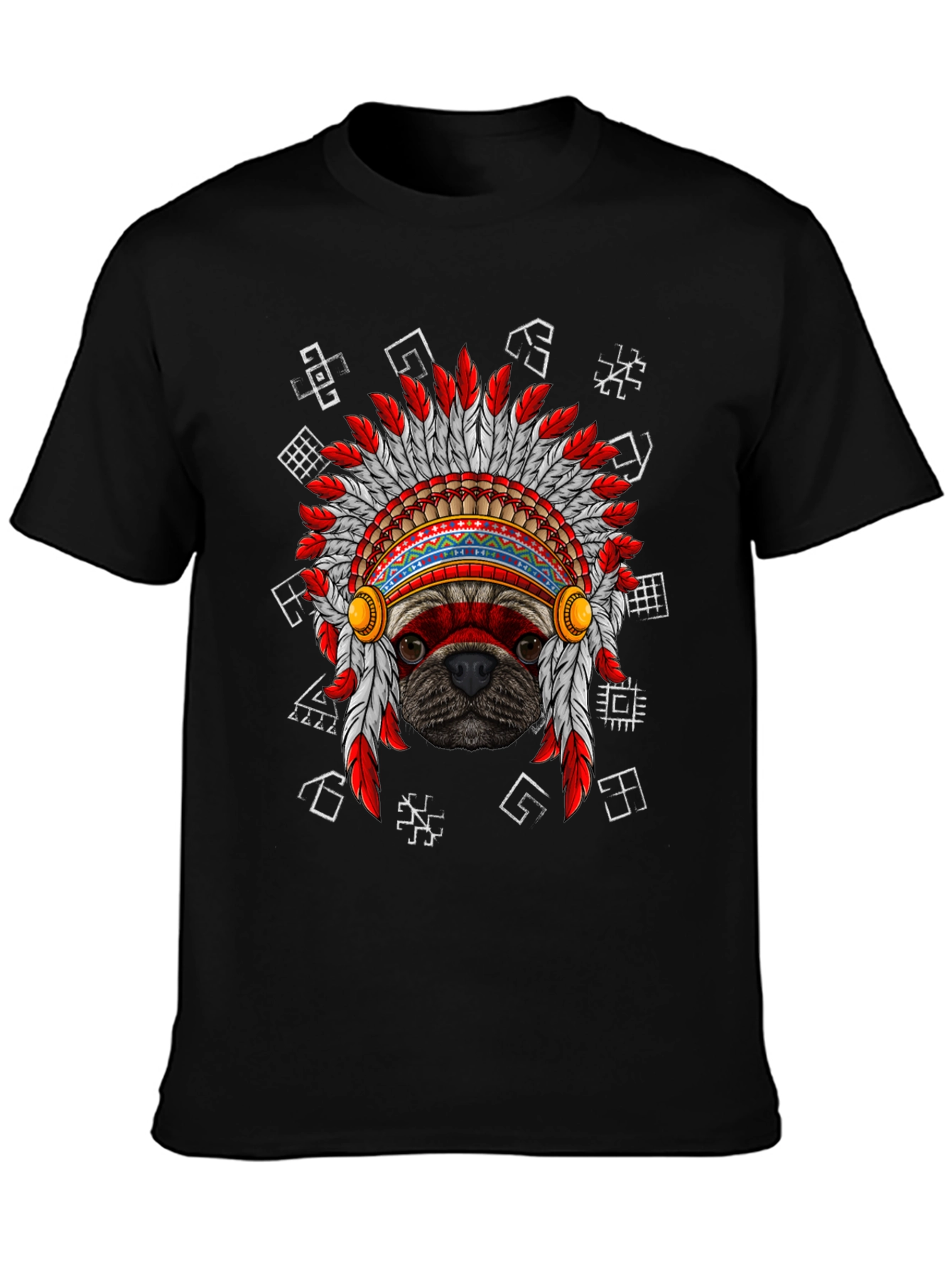 Black Pug Indian Chief Headdress Graphic T-Shirt view 3