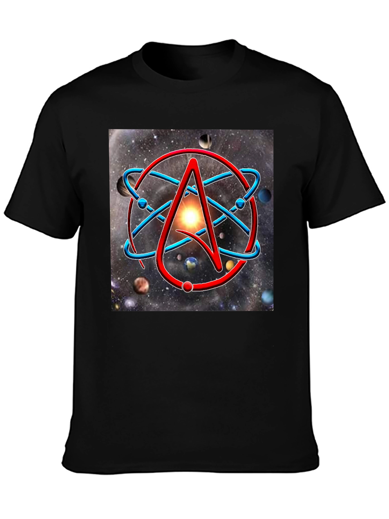 Black Atheist Symbol Graphic Tee - Space Background view 3