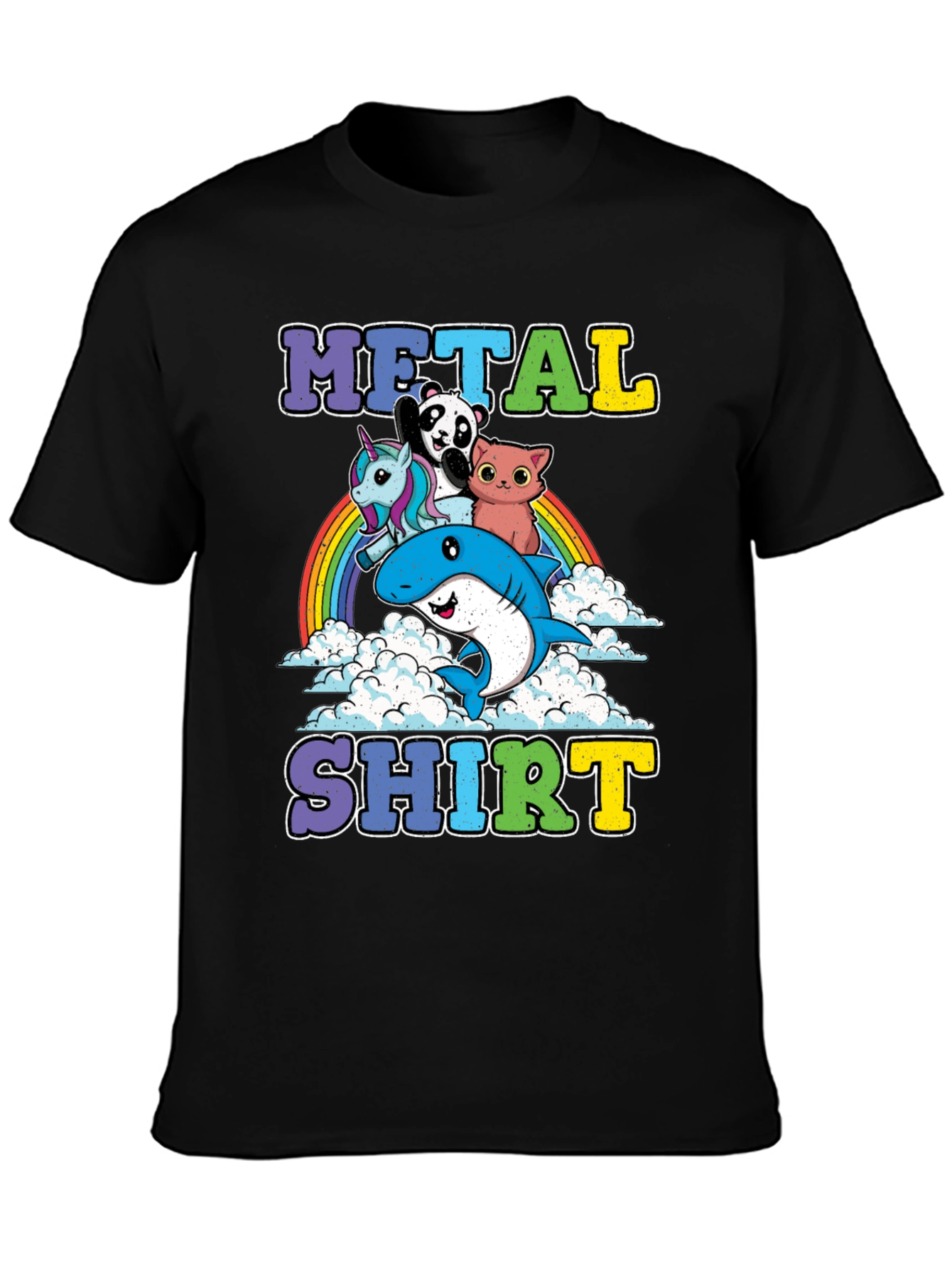 Black Metal Shirt with Cartoon Animals on Rainbow view 3