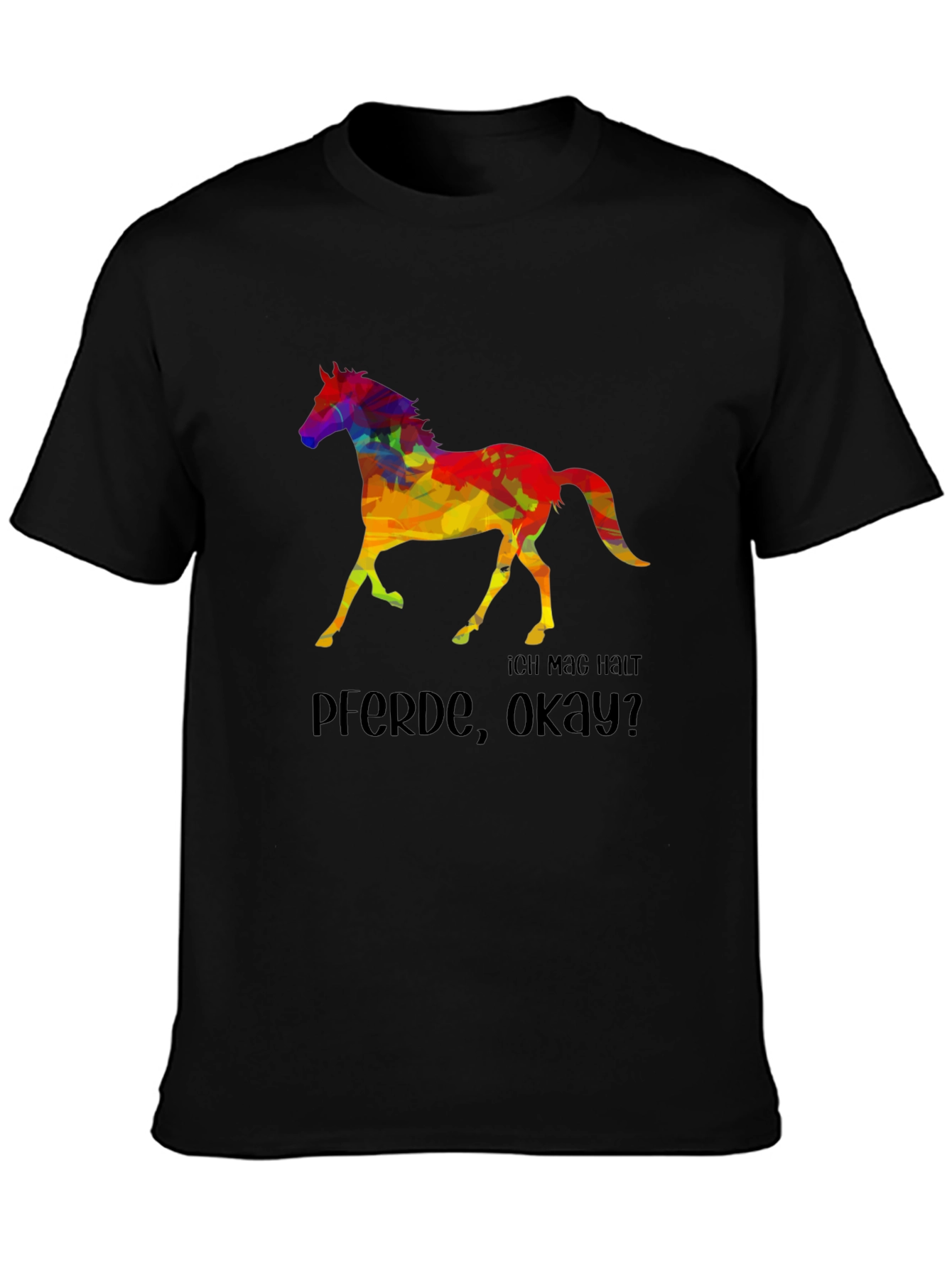 Black Colorful Horse Graphic T-Shirt - "Ich Mag Halt Pferde, Okay?" view 3