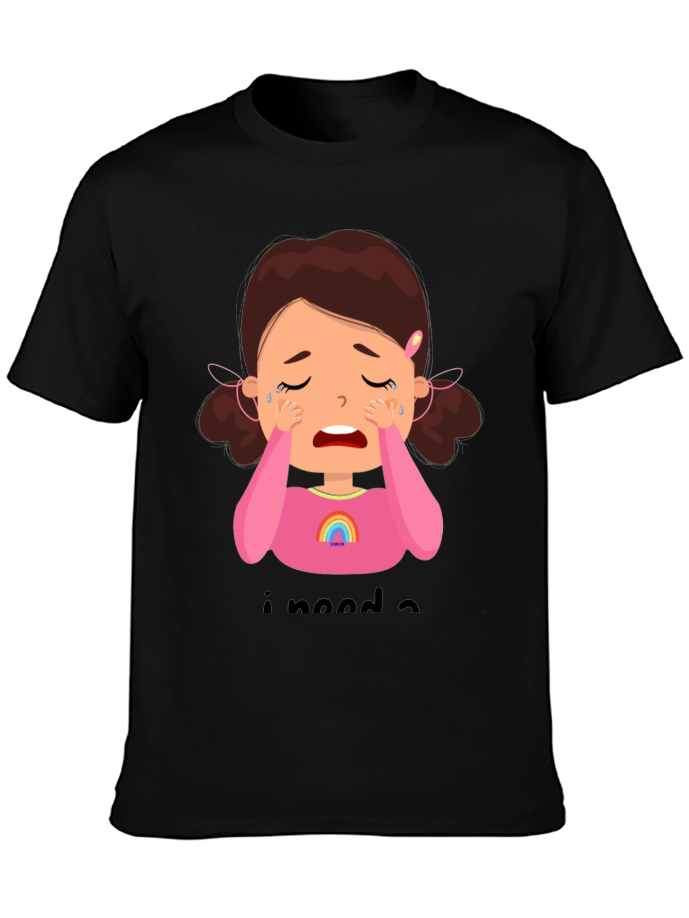 Black Crying Cartoon Girl Graphic Tee - Black Unisex Shirt view 3