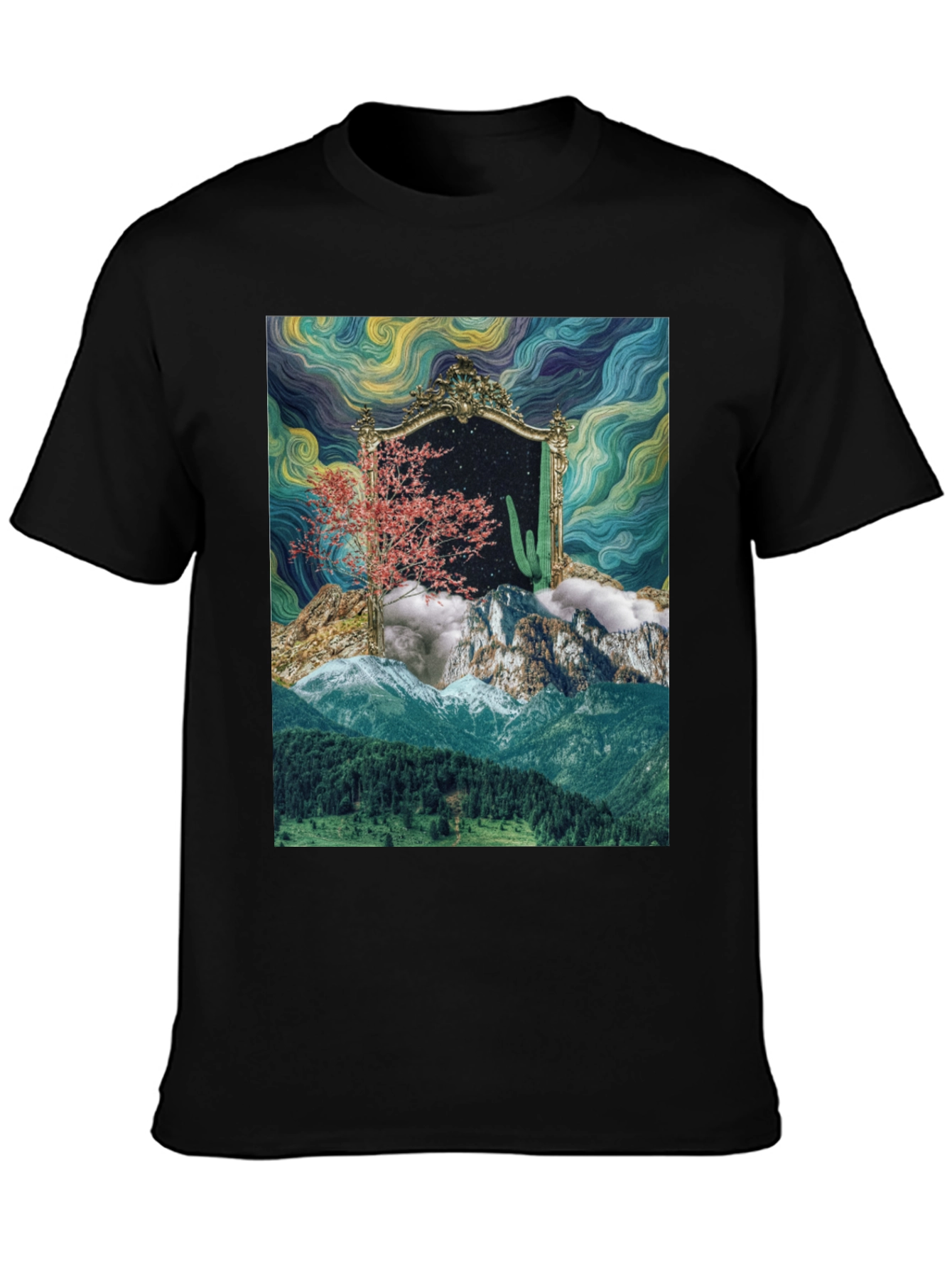Black Surreal Landscape Mirror Graphic T-Shirt view 3
