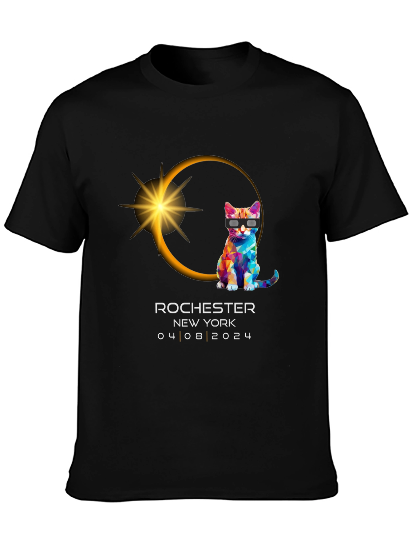 Black Rochester NY Eclipse 2024 Cat T-Shirt view 3