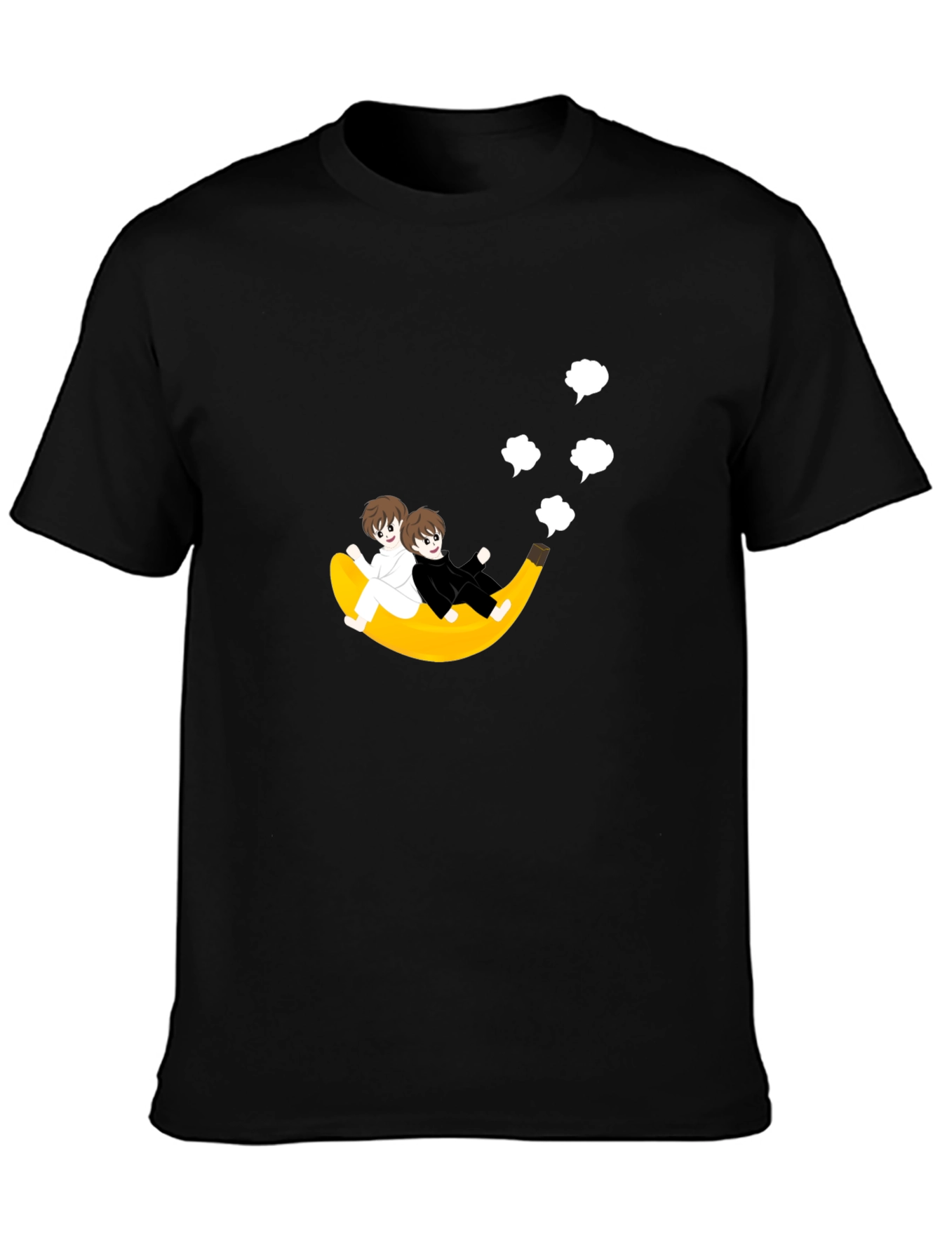 Black Whimsical Banana Ride T-Shirt - Unique Cartoon Design view 3