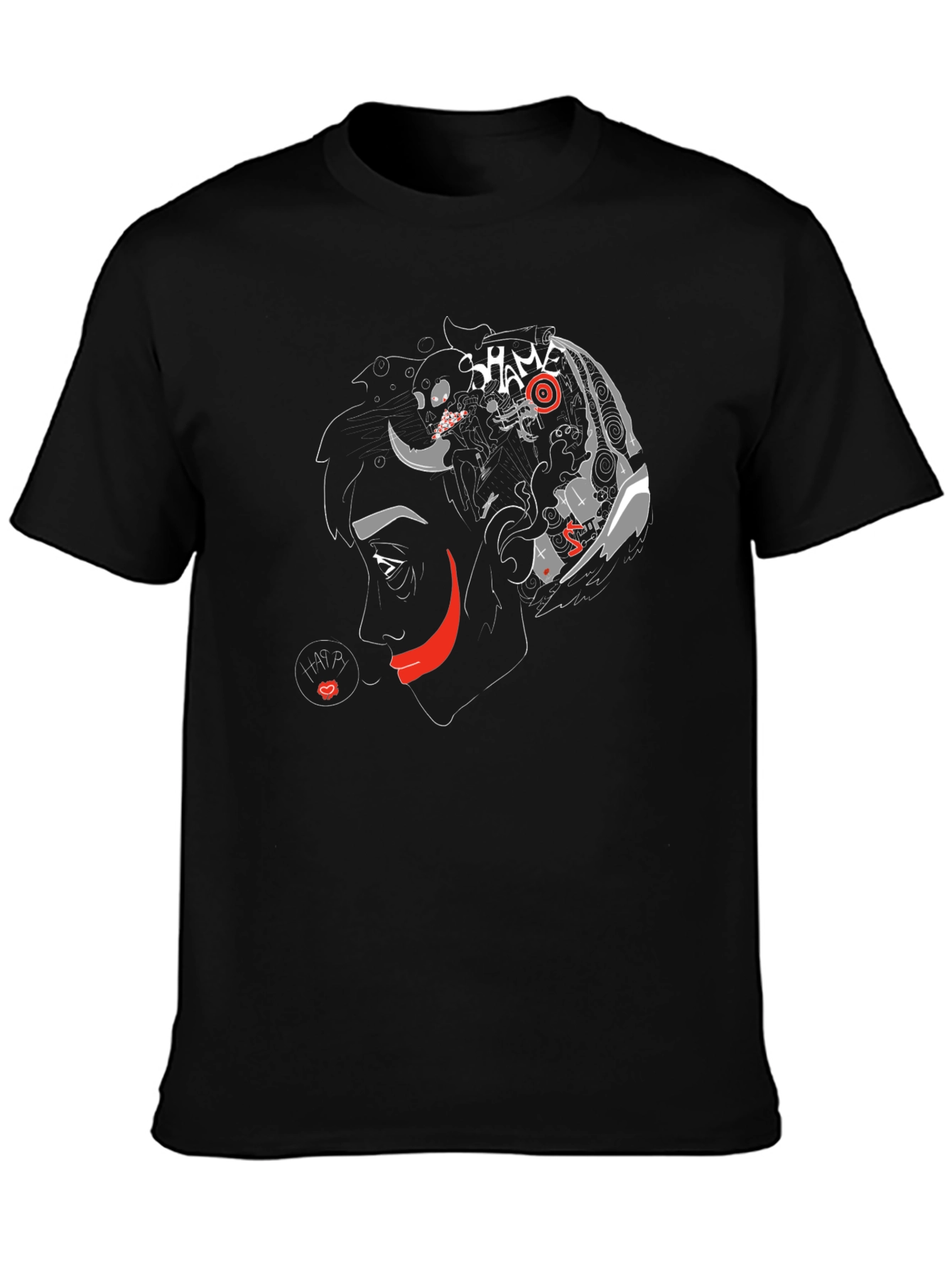 Black Unique Graphic T-Shirt - "Shame" Artistic Design view 3