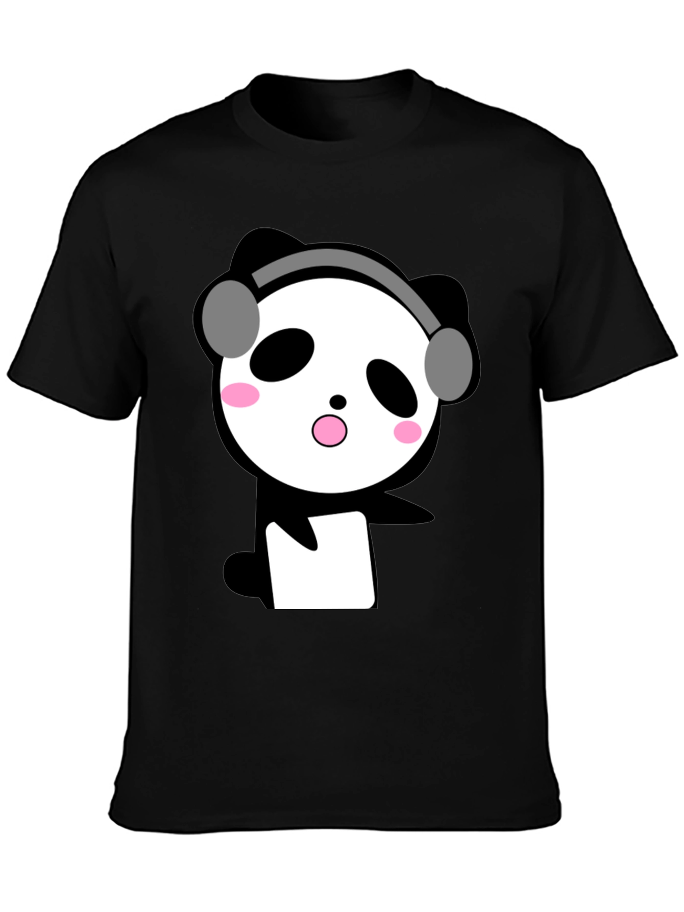 Black Cute Panda with Headphones Black T-Shirt view 3