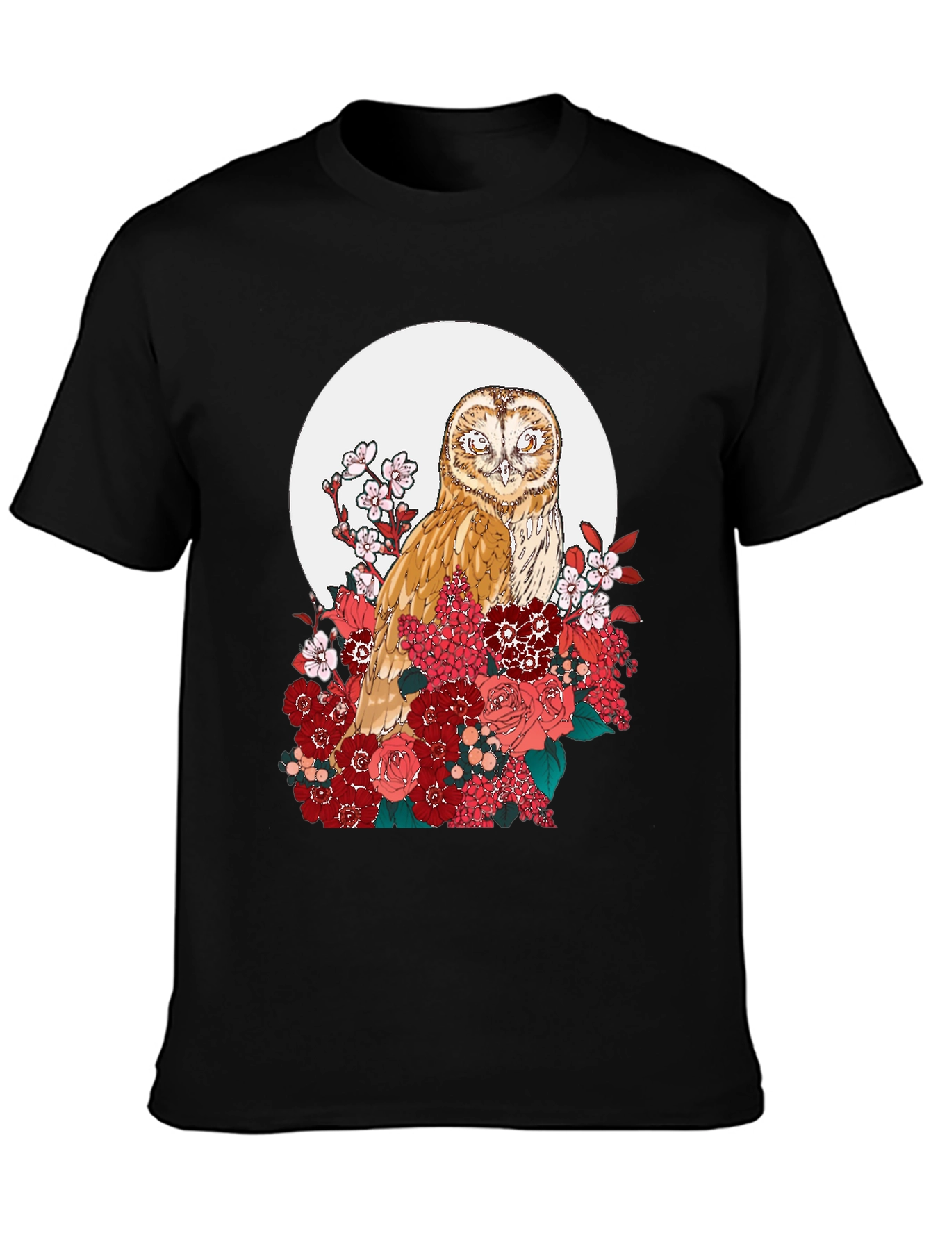 Black Owl and Floral Black T-Shirt view 3