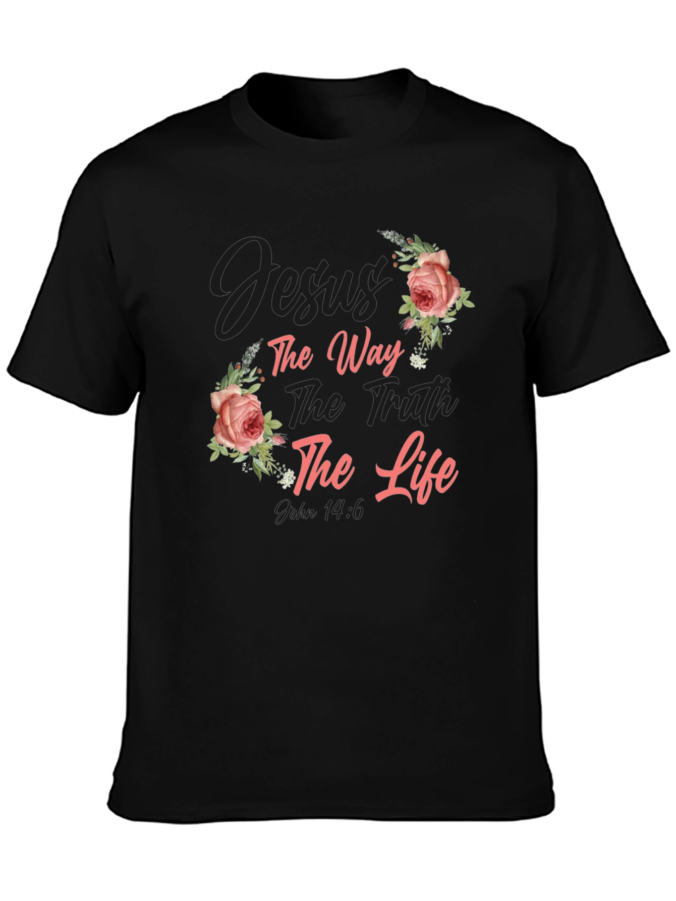 Black Floral Jesus the Way, Truth, Life Black T-Shirt view 3
