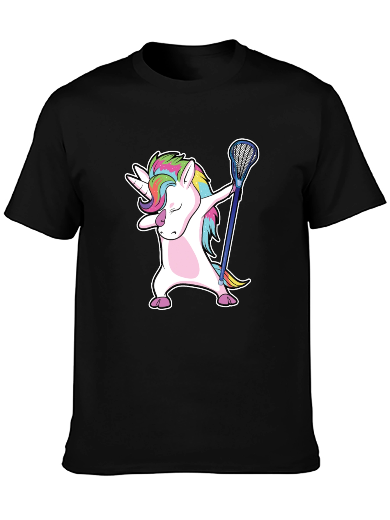 Black Unicorn Dabbing with Lacrosse Stick T-Shirt view 3