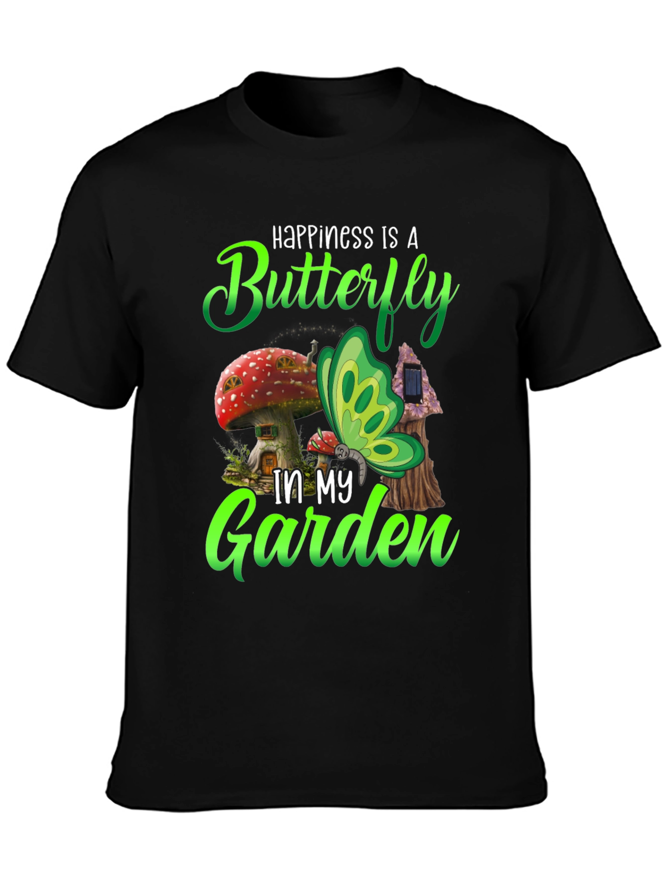 Black Happiness Butterfly Garden Black T-Shirt view 3