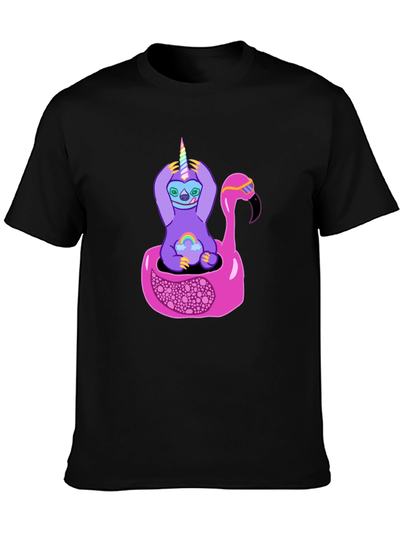 Black Sloth Unicorn Flamingo Pool Float Graphic Tee view 3