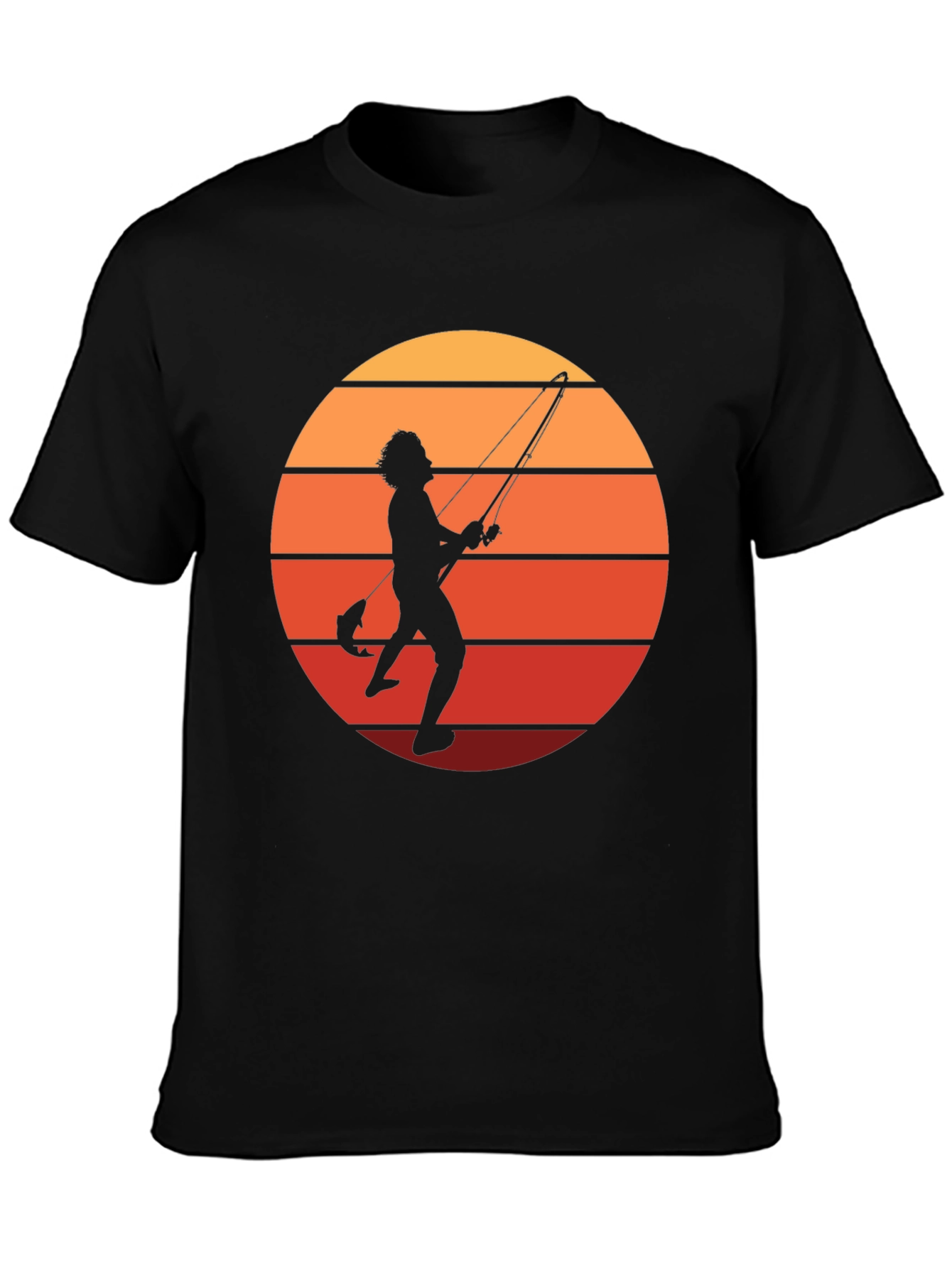 Black Retro Fishing T-Shirt - Sunset Silhouette view 3