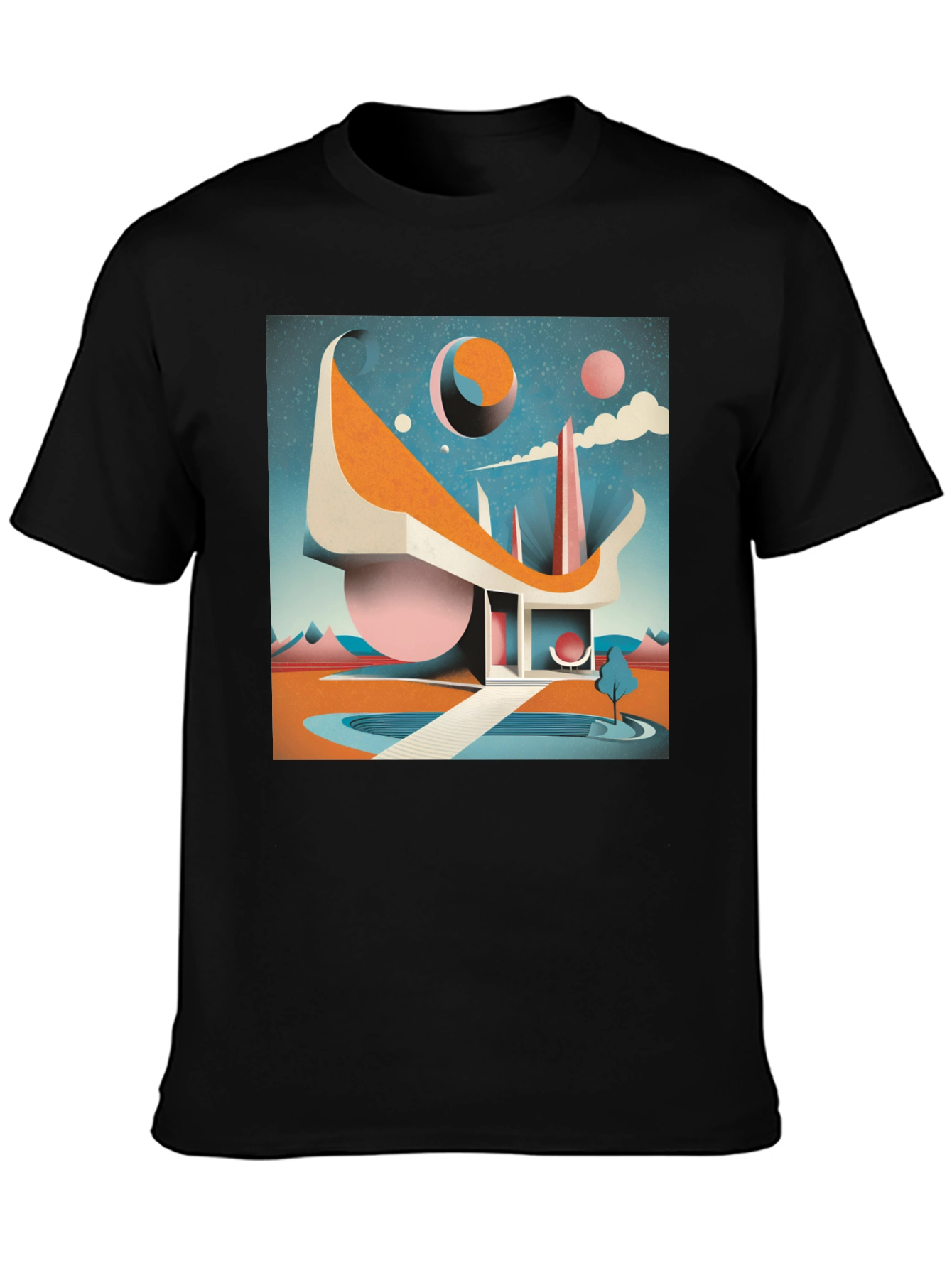 Black Retro Futuristic T-Shirt: Modernist Architectural Design view 3