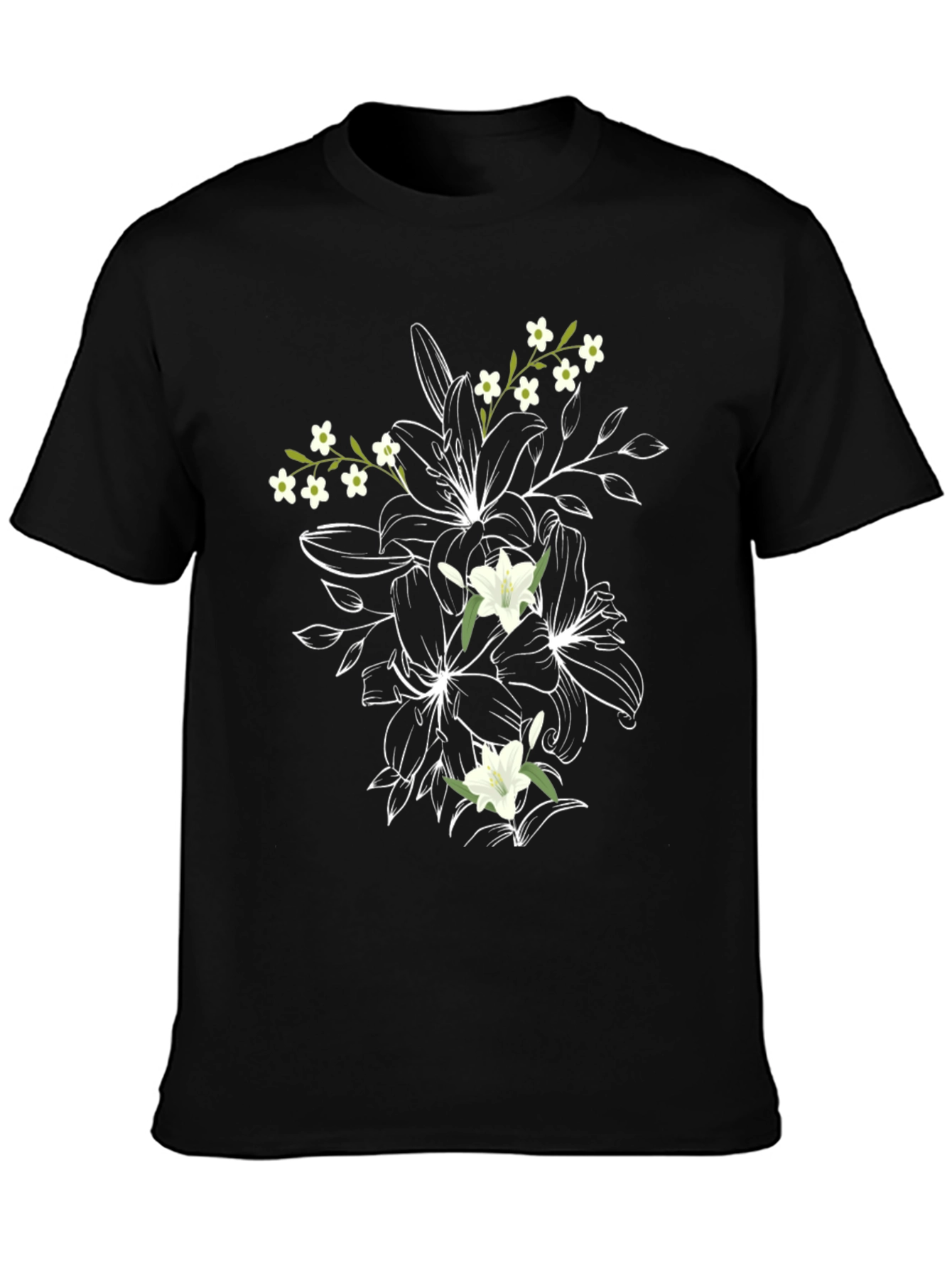 Black Floral Print T-Shirt: Black Cotton Tee with Lily Design view 3