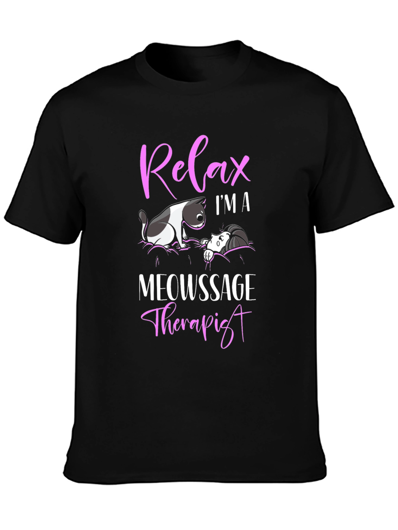 Black Relax I'm a Meowssage Therapist Black T-Shirt view 3