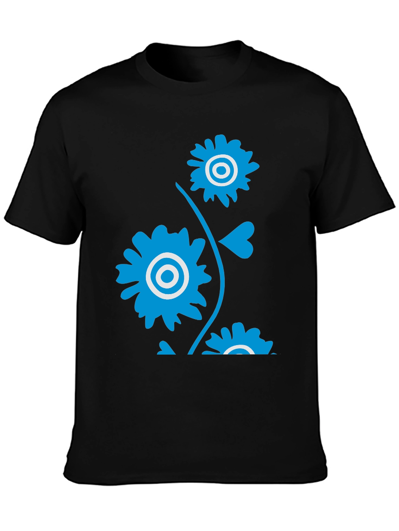 Black Men's Black T-Shirt with Blue Floral Design view 3
