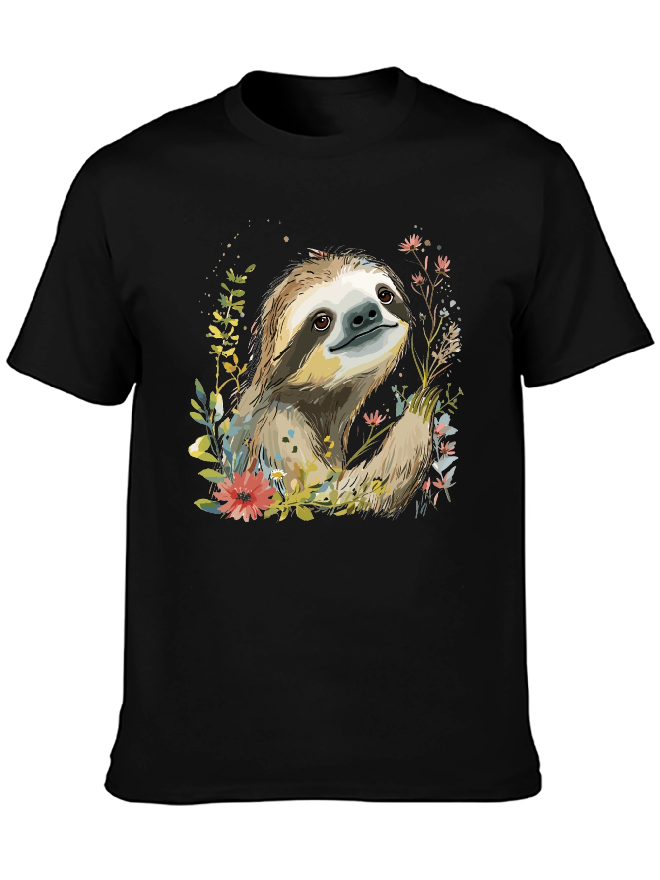 Black Sloth & Floral Print Black T-Shirt view 3
