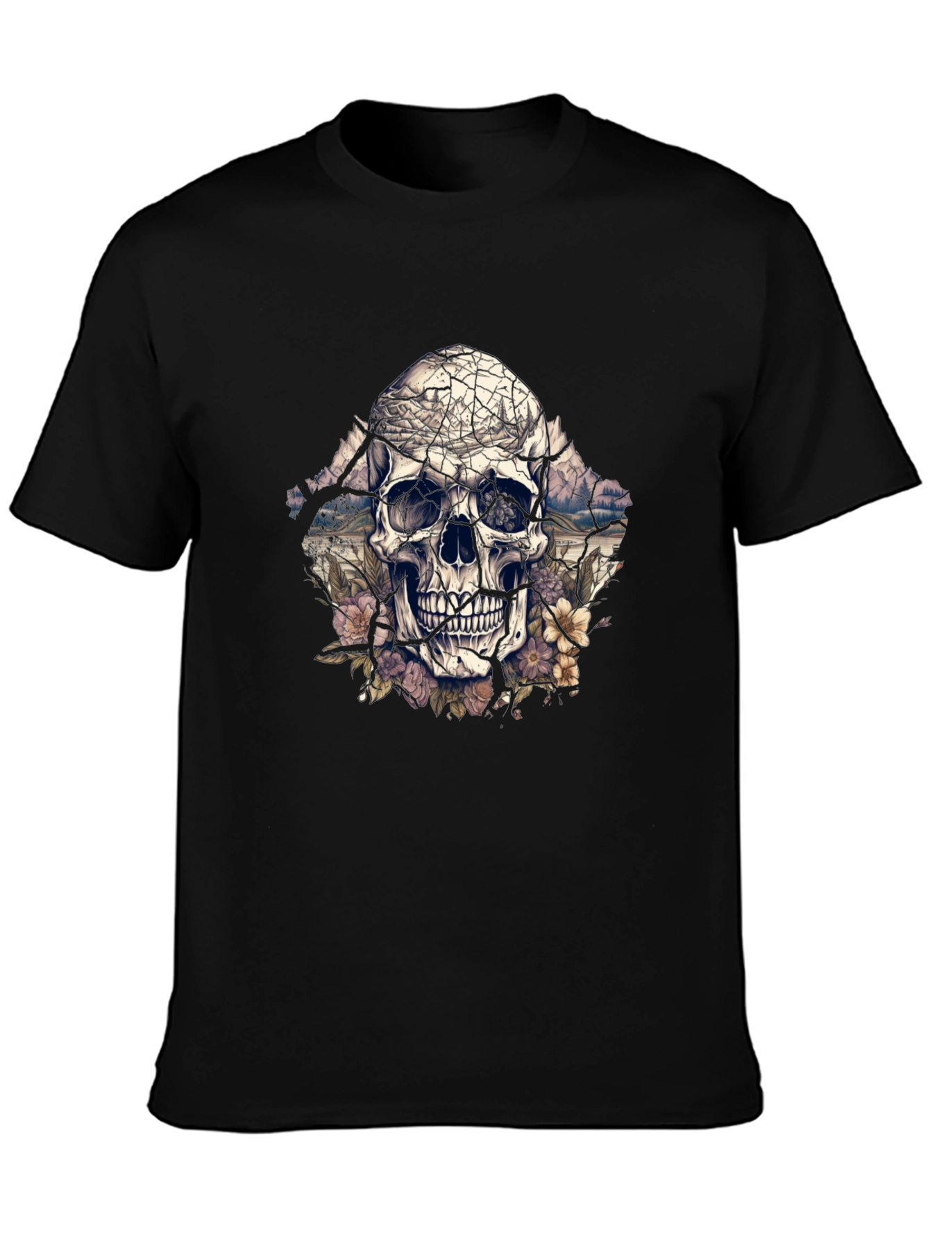 Black Floral Skull Graphic Tee - Unique Design view 3