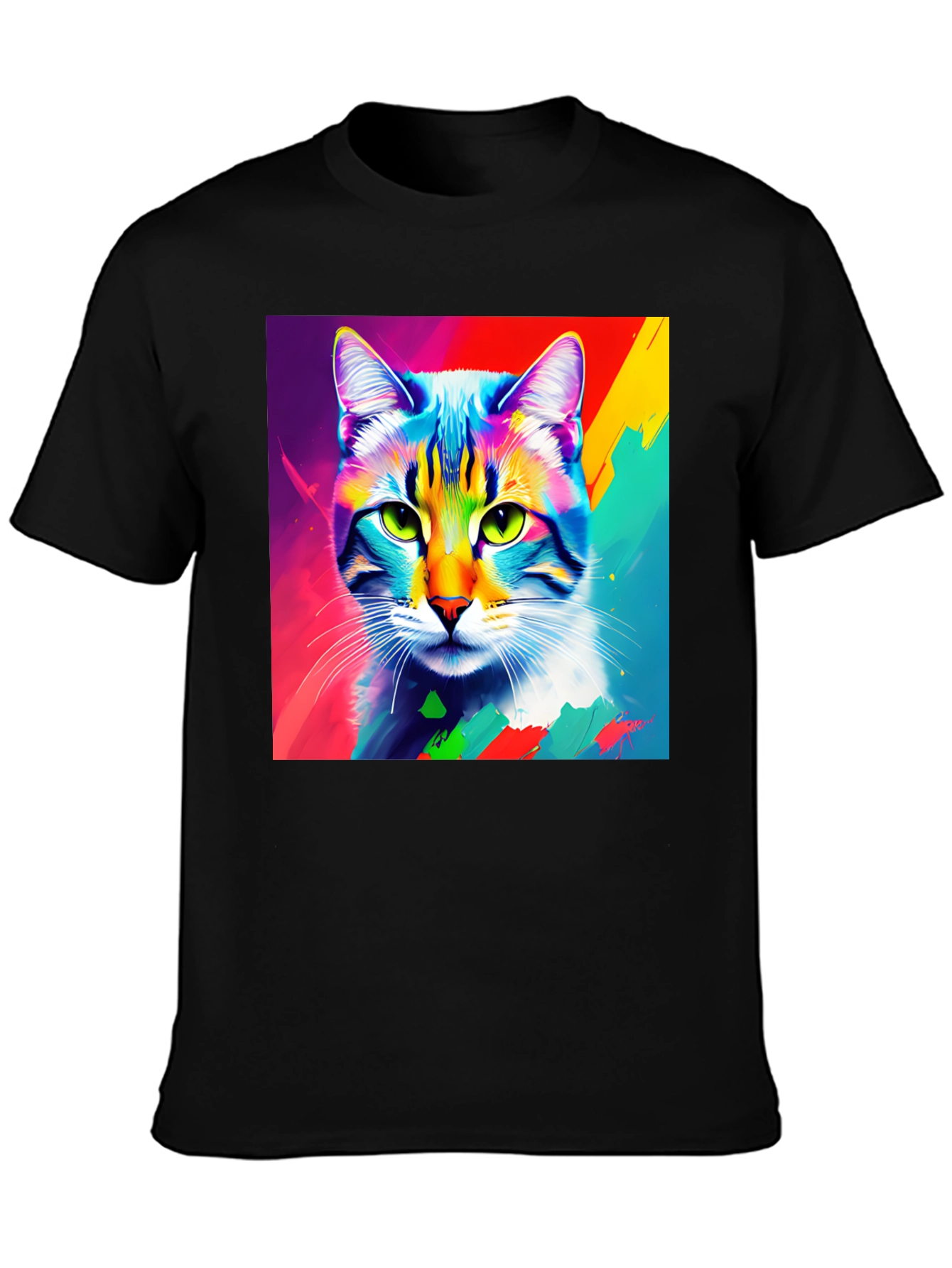 Black Vibrant Cat Portrait Graphic Tee - Stylish Crew Neck T-Shirt view 3