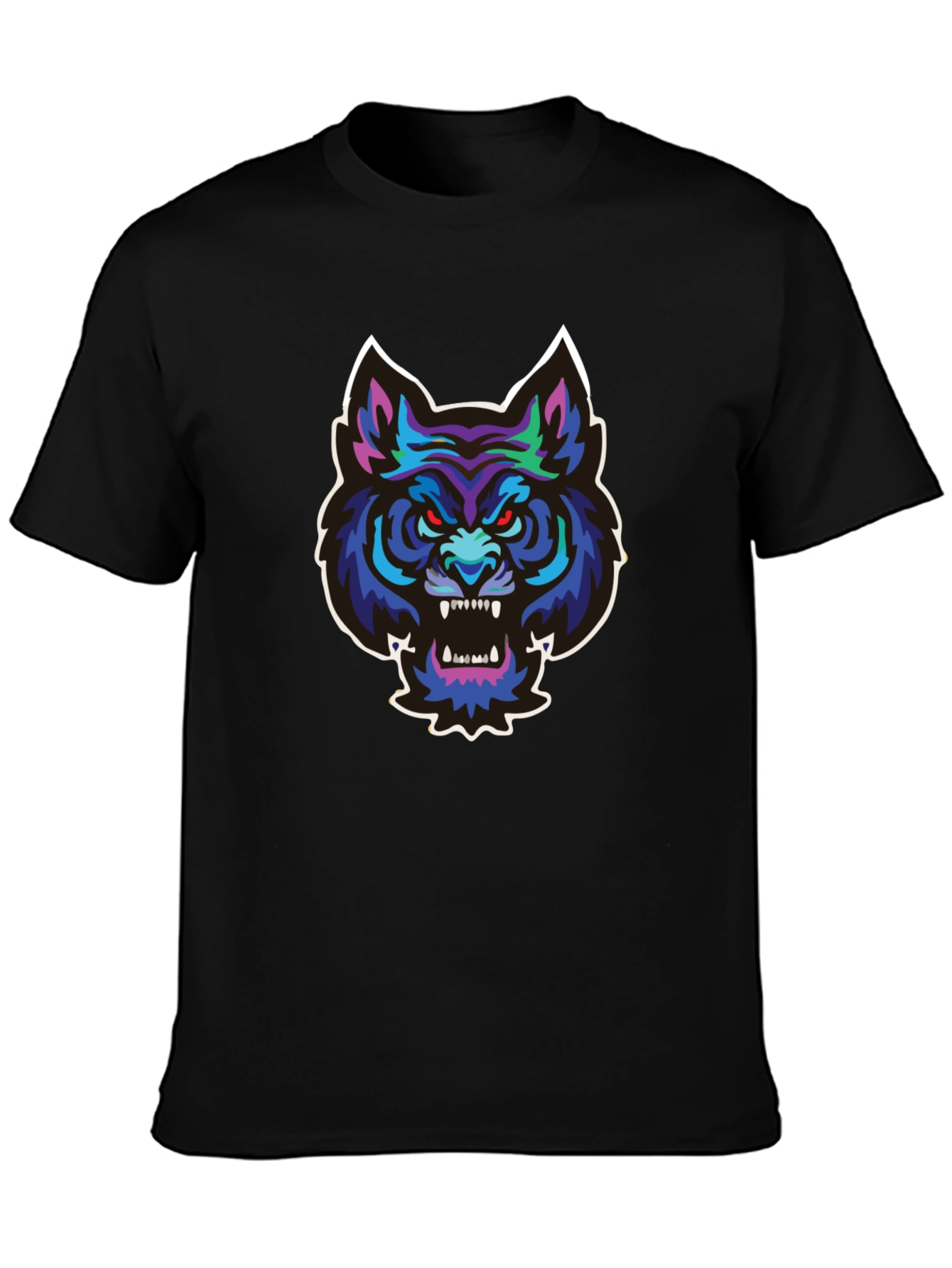 Black Men's Black T-Shirt with Wolf Graphic view 3