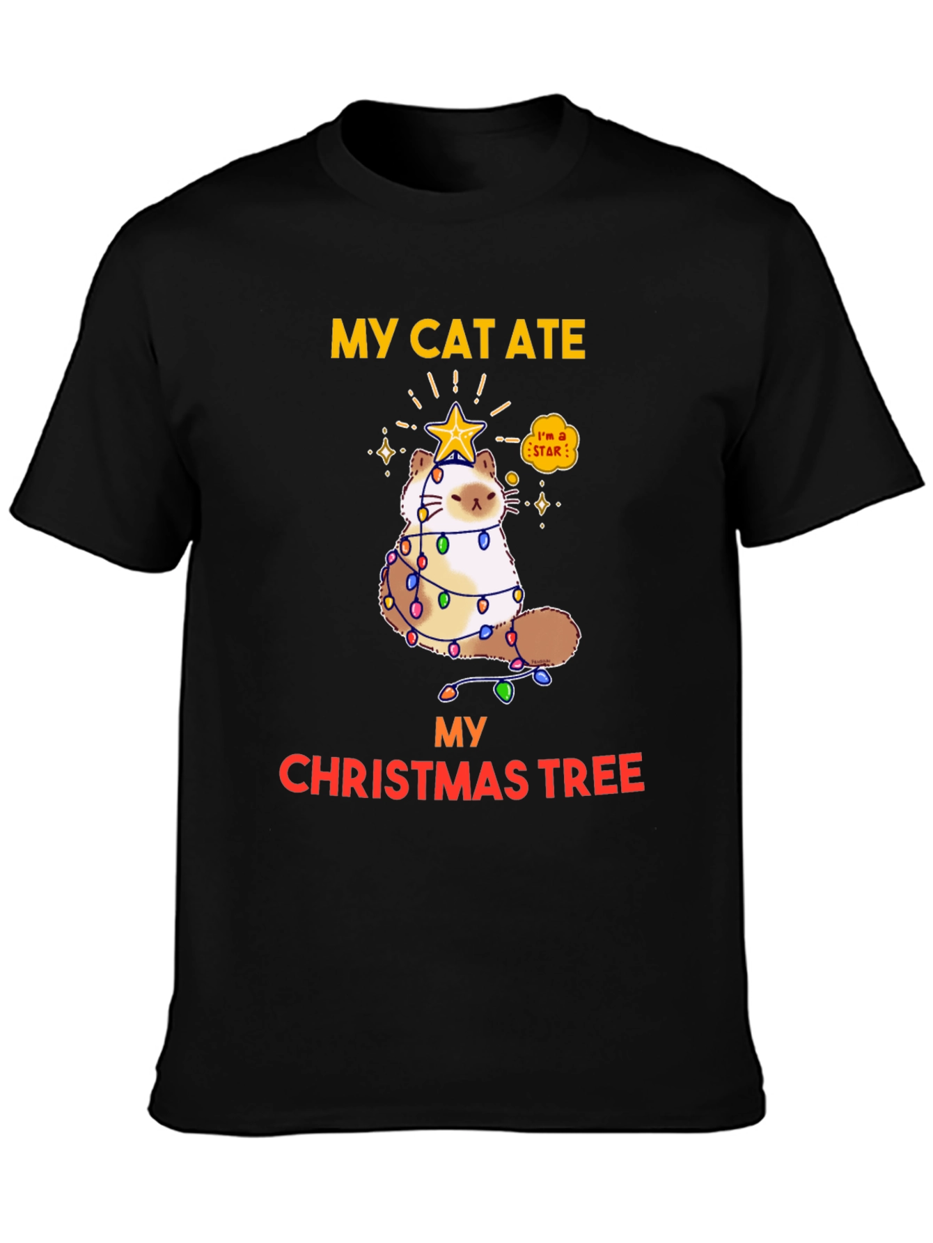 Black My Cat Ate My Christmas Tree T-Shirt view 3