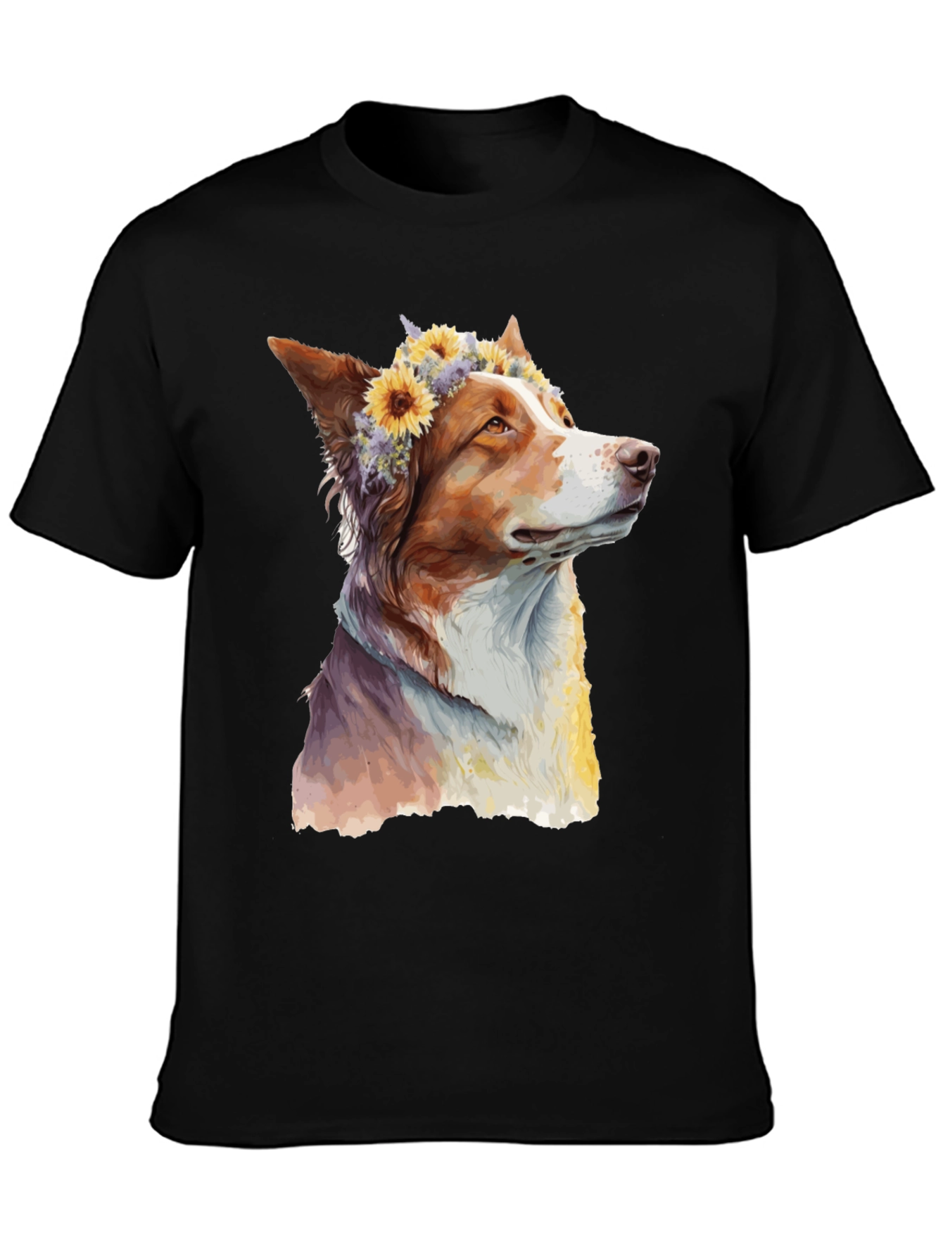 Black Dog with Flowers Graphic Tee - Artistic Print view 3