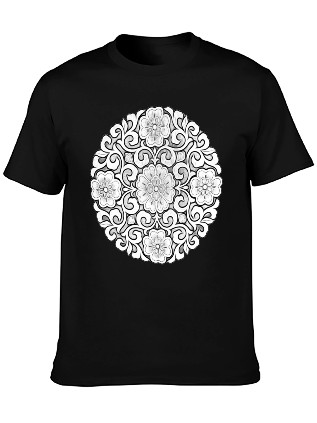 Black Floral Mandala Graphic Tee - Modern Black T-Shirt view 3