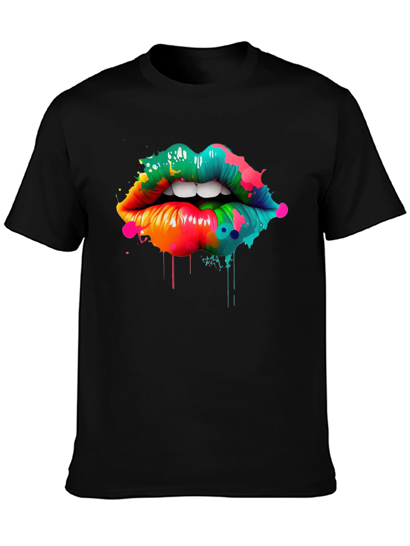 Black Colorful Lips Graphic Print T-Shirt view 3