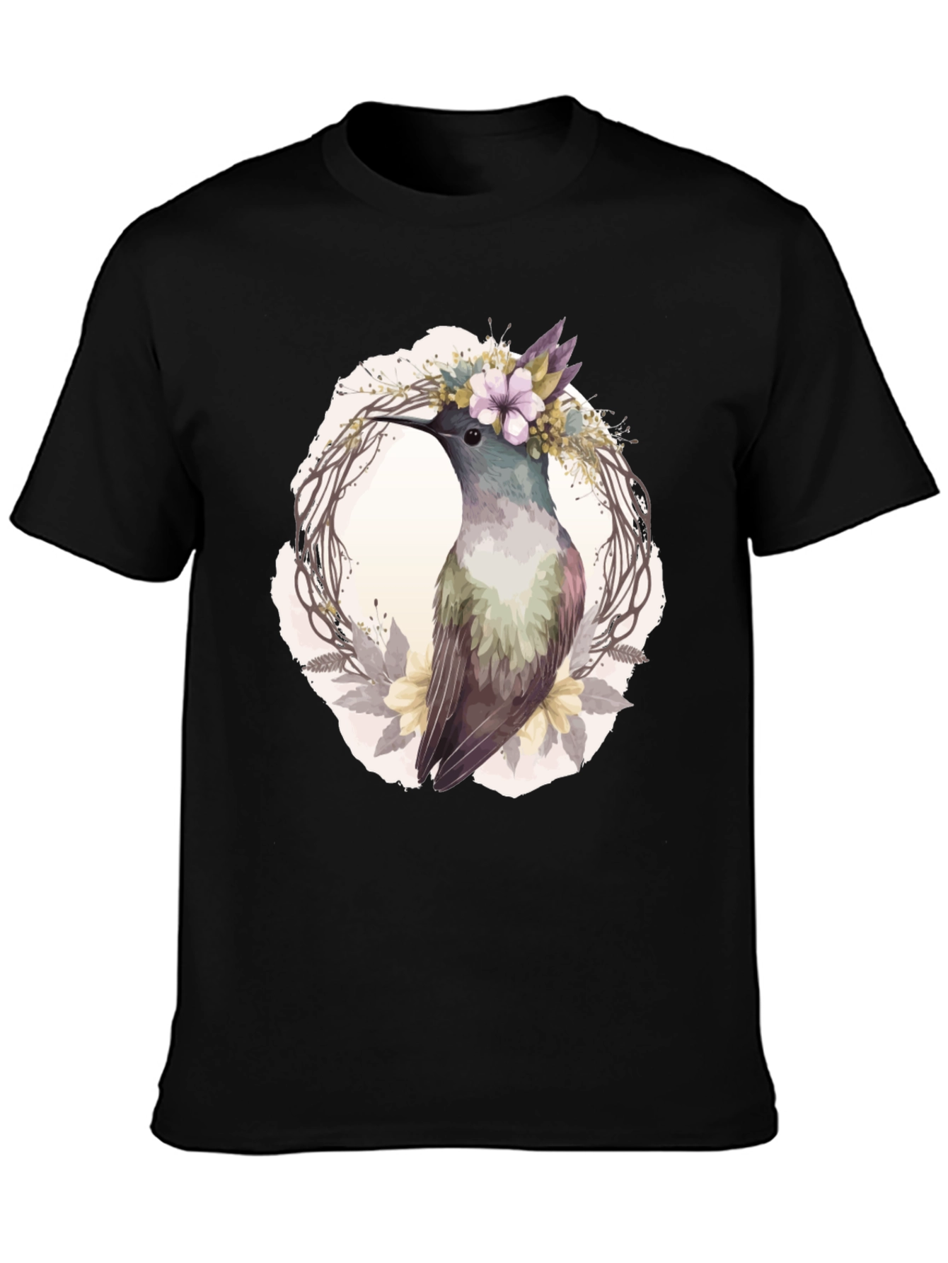 Black Hummingbird Floral Wreath T-Shirt - Nature Lover Tee view 3