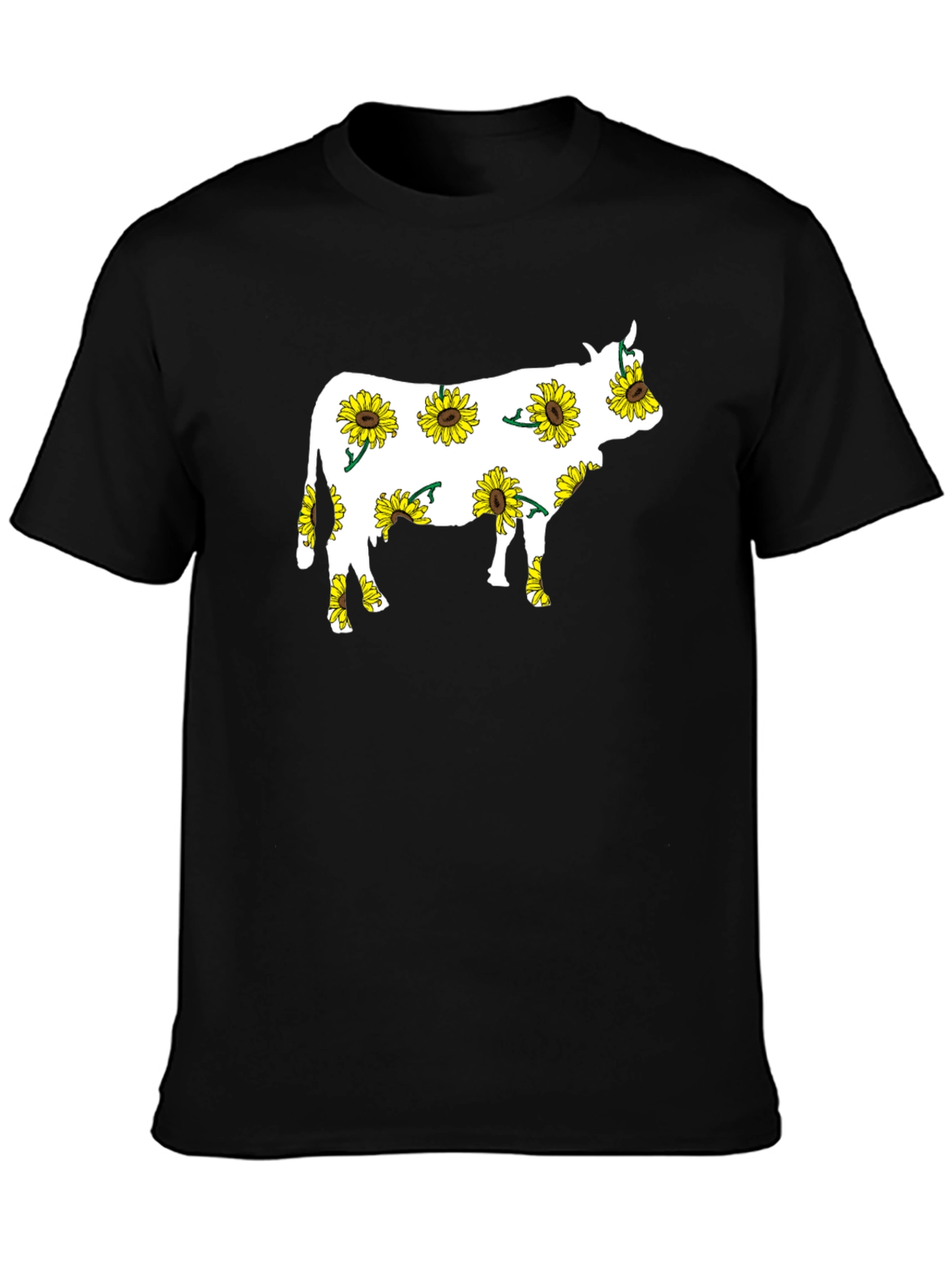 Black Sunflower Cow Graphic Tee - Black Cotton T-Shirt view 3