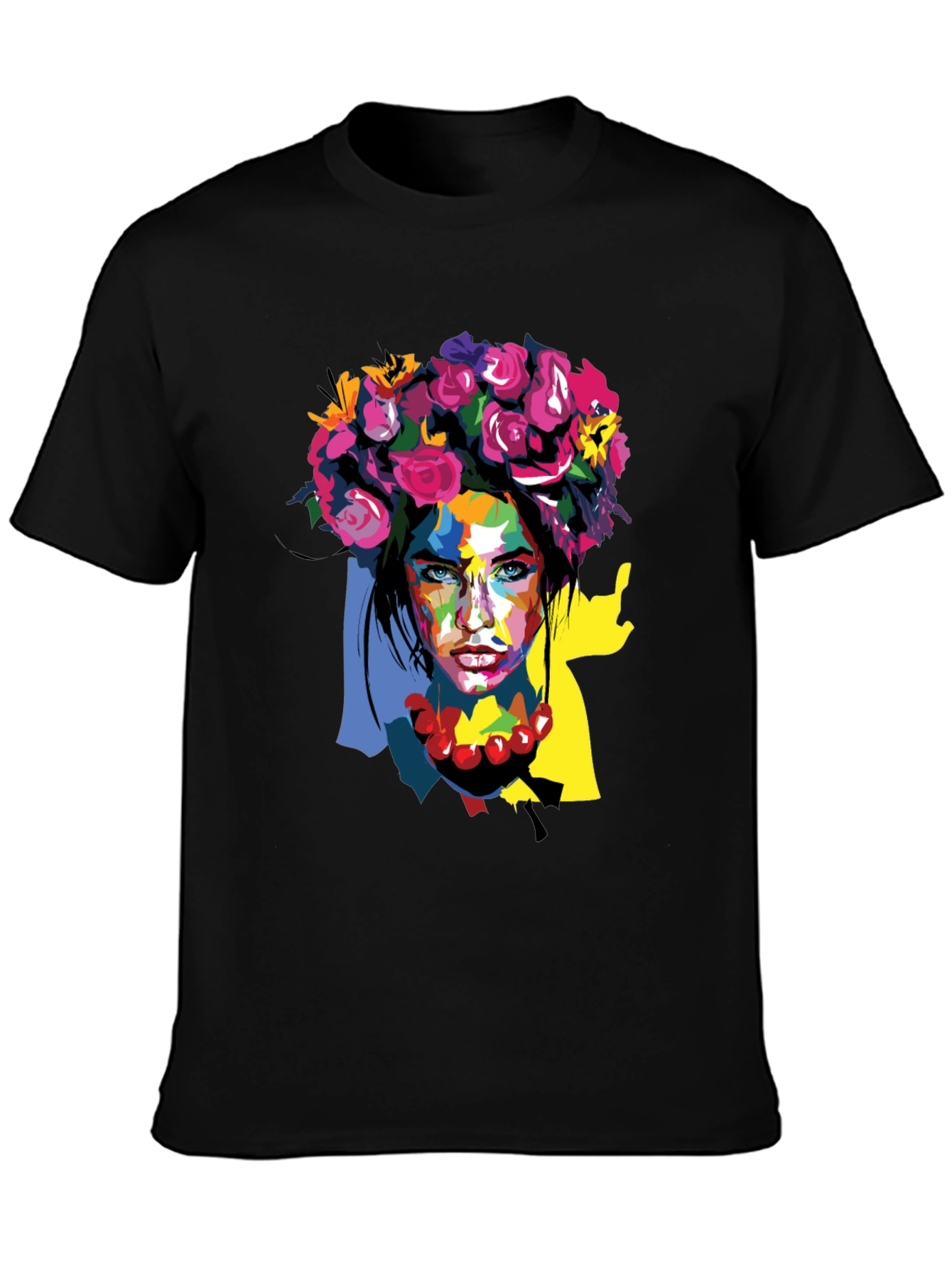 Black Floral Woman Graphic Tee - Artistic Fashion Shirt view 3