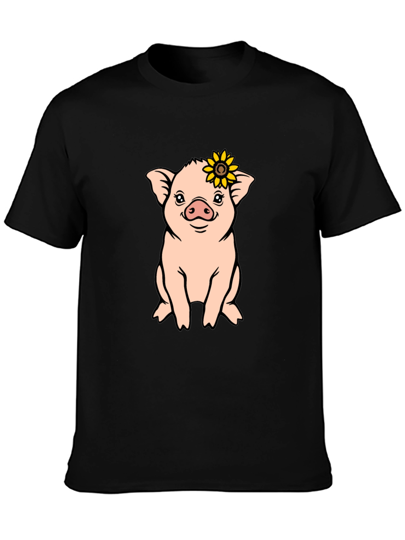 Black Cute Pig with Sunflower Graphic T-Shirt view 3