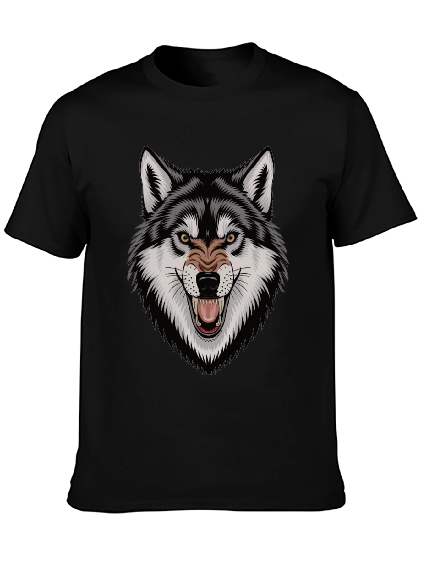 Black Men's Wolf Graphic Tee - Fierce Design, Black Cotton T-Shirt view 3