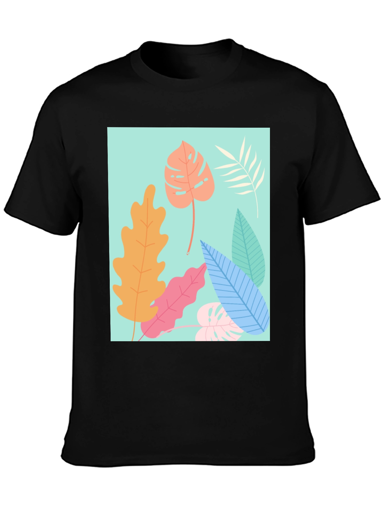 Black Tropical Leaves Graphic Tee - Black Cotton T-Shirt view 3