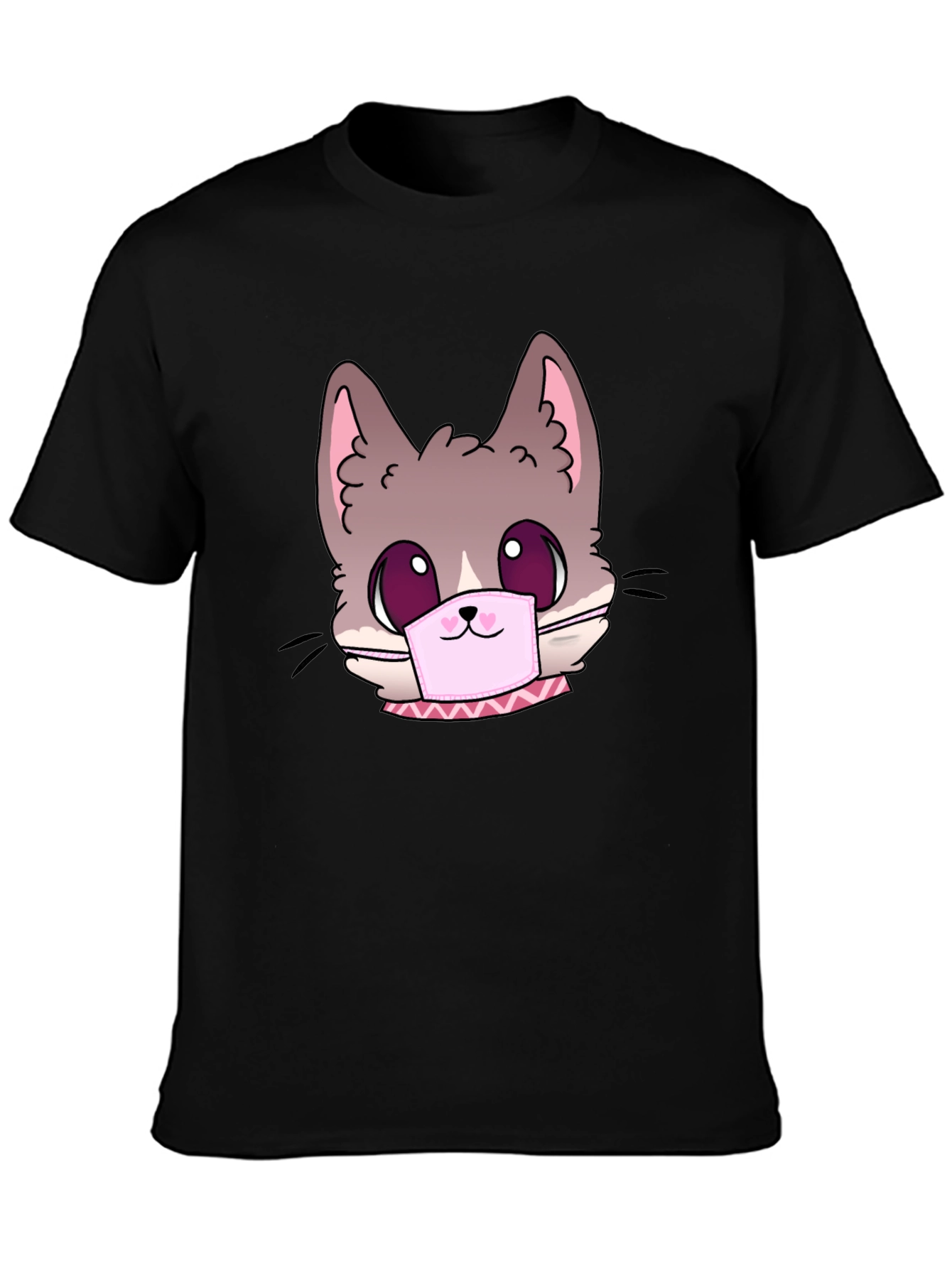 Black Cute Cat Face Mask Graphic T-Shirt view 3