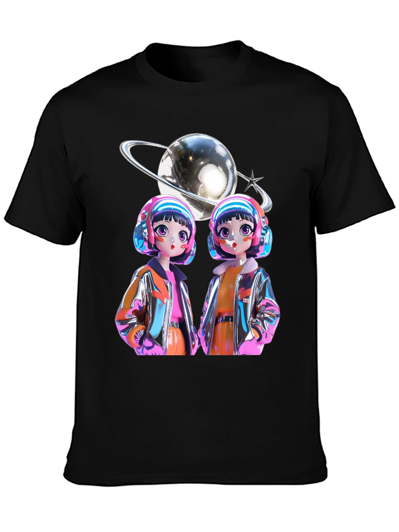 Black Retro Anime Twins Graphic Tee - Black Cotton T-Shirt view 3