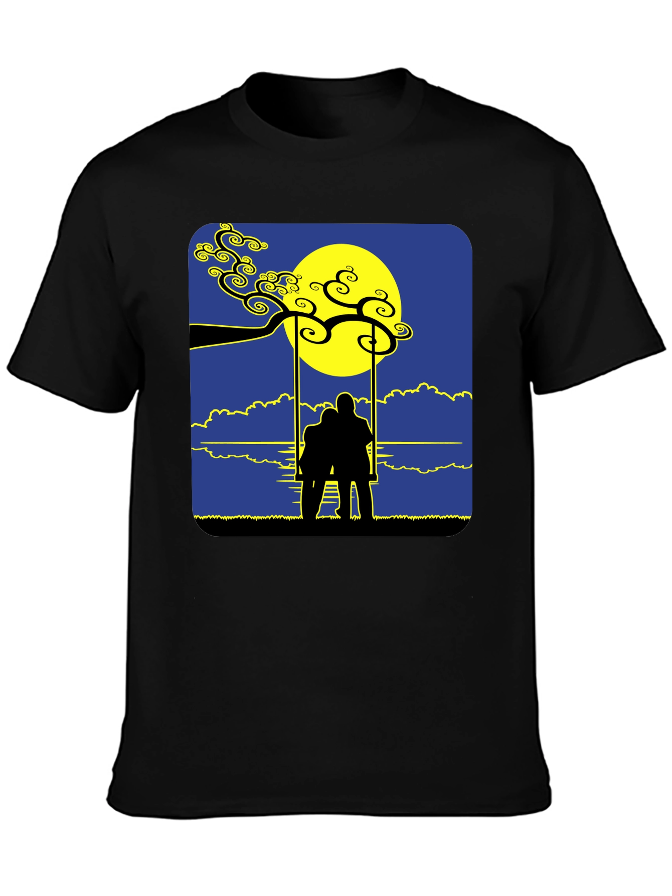 Black Romantic Silhouette Tee: Lovers on a Swing at Moonrise view 3