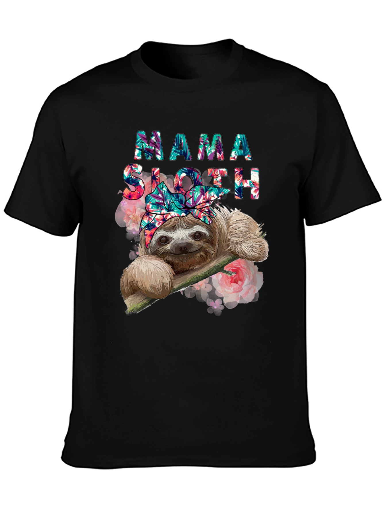 Black Mama Sloth Floral T-Shirt - Cute Animal Tee view 3