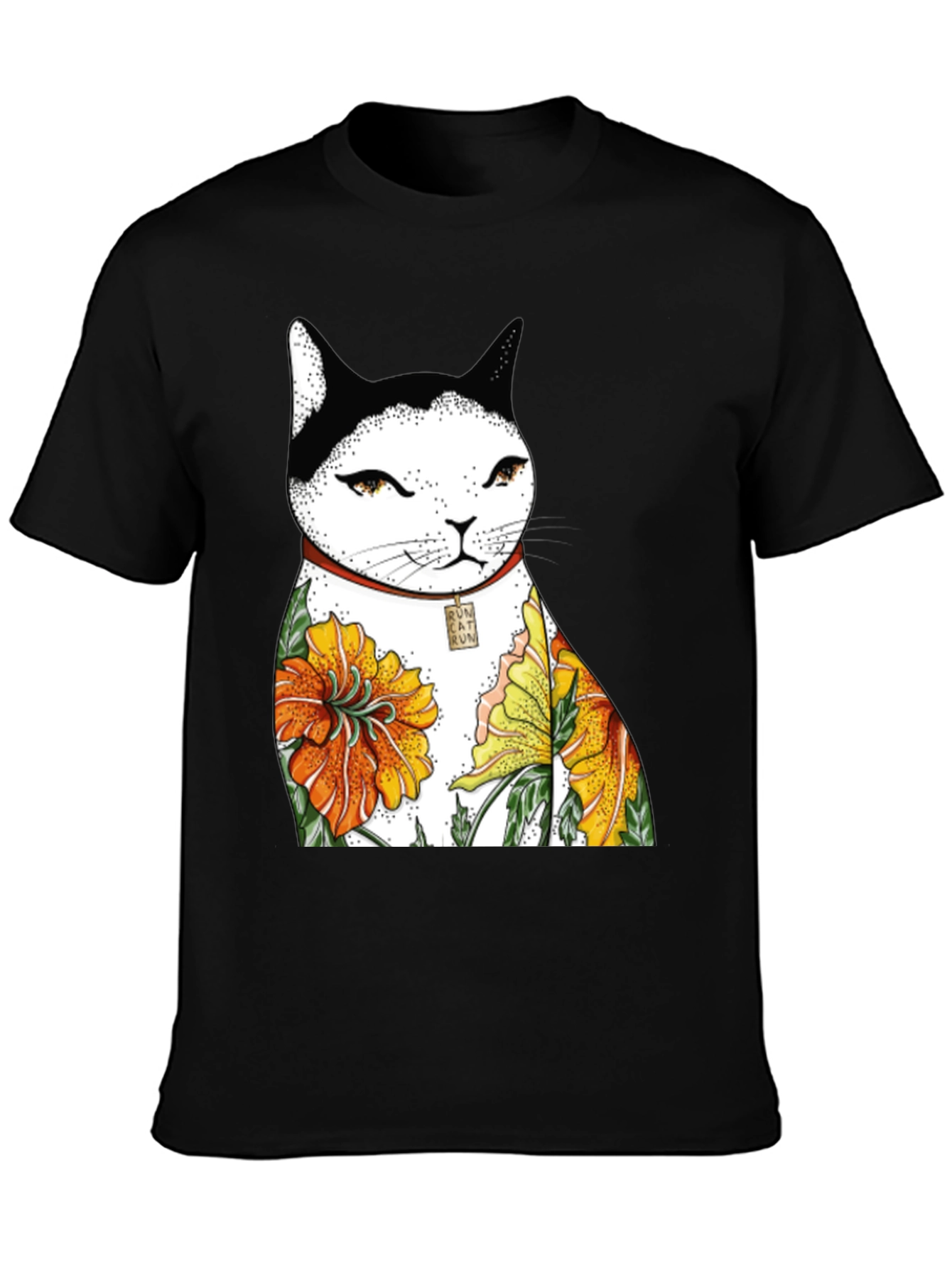 Black Cat & Flowers Black T-Shirt view 3