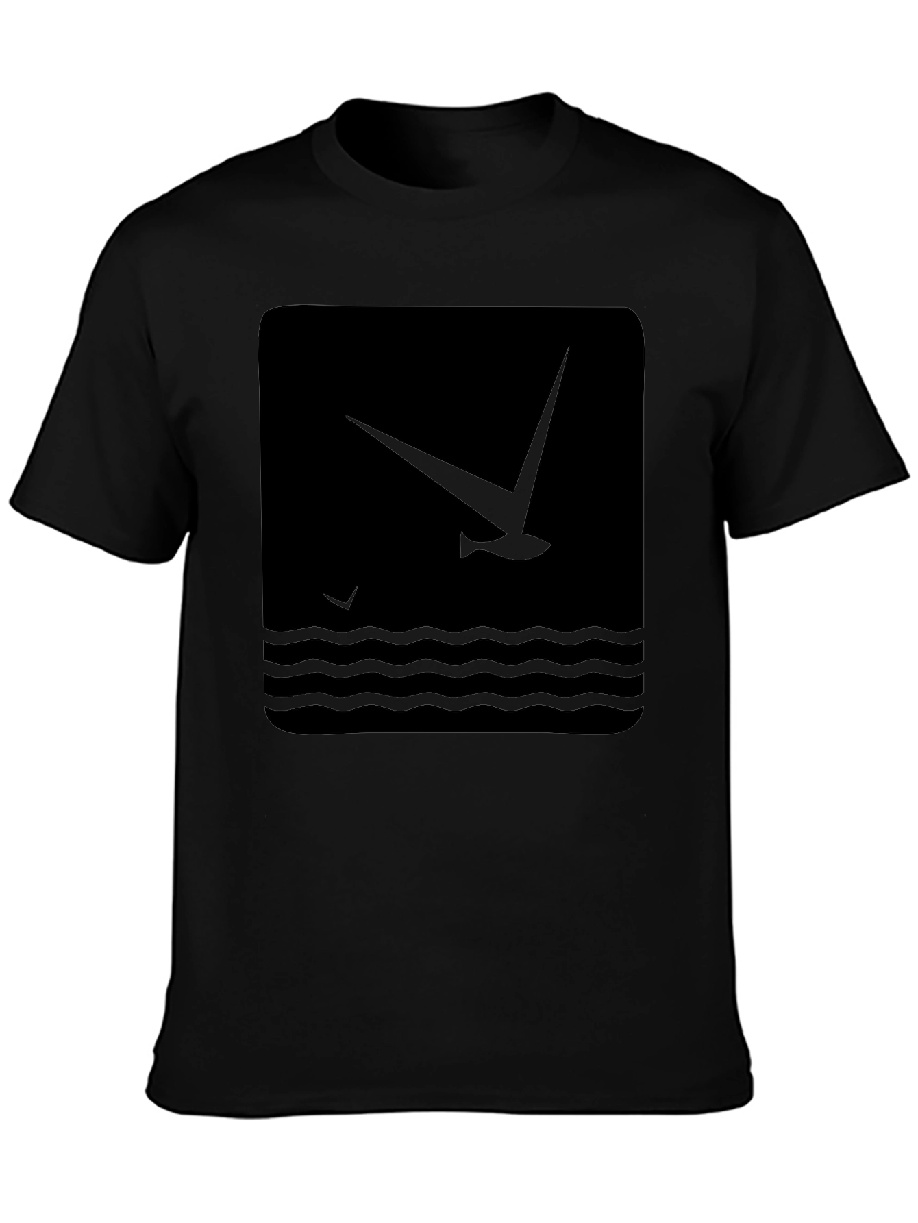 Black Black Graphic T-Shirt - Bird & Wave Design view 3