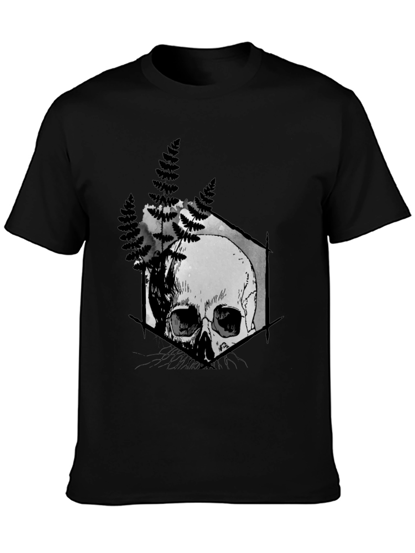 Black Skull Fern Graphic Print Black T-Shirt view 3