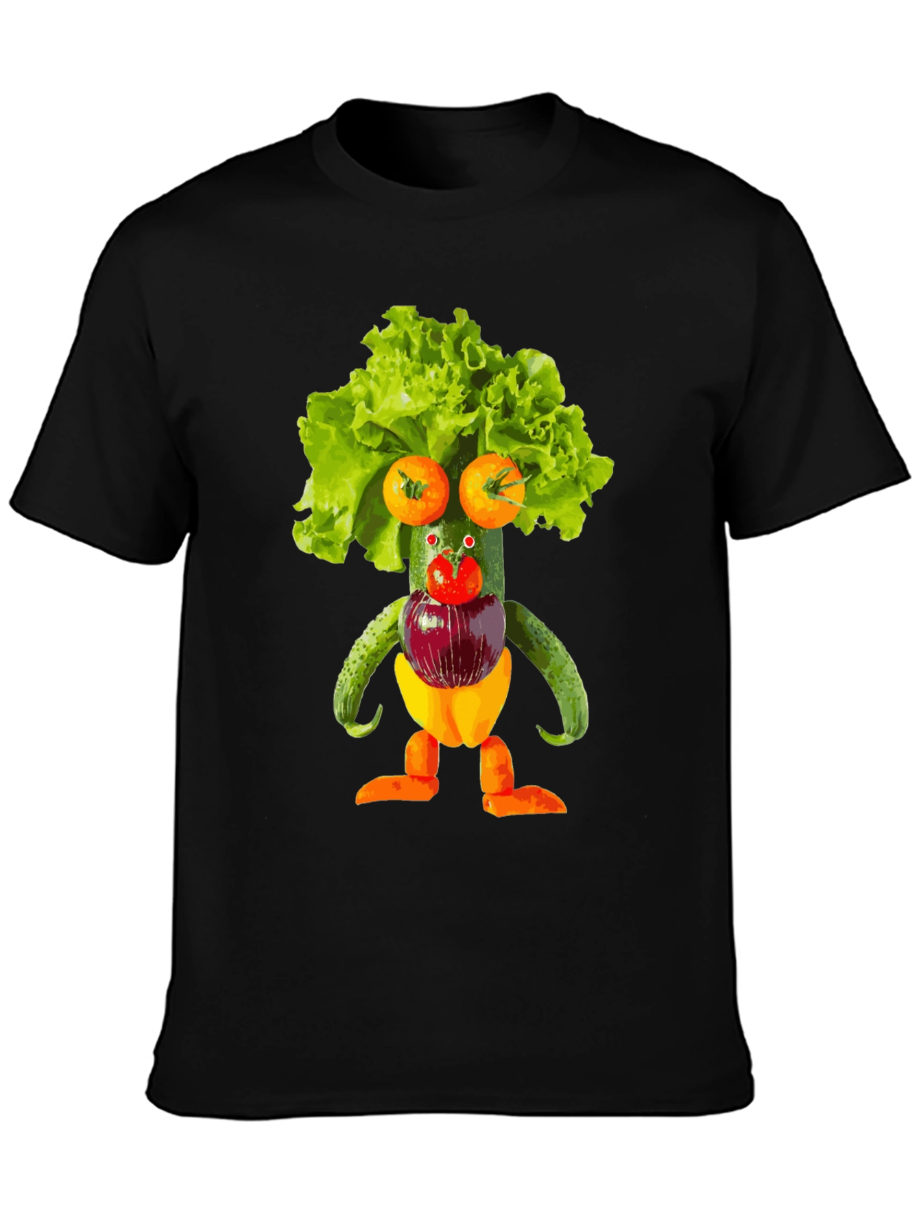 Black Whimsical Vegetable Art T-Shirt - Unique Foodie Fashion view 3