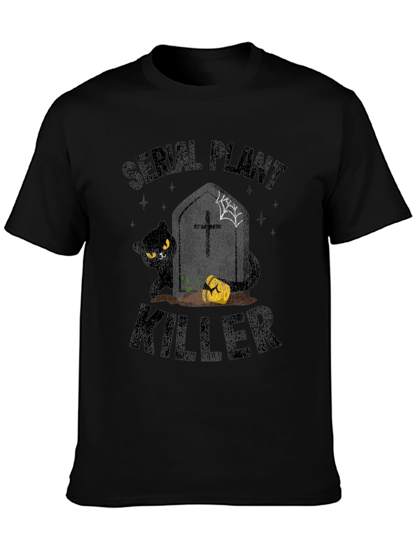 Black Serial Plant Killer T-Shirt - Halloween Cat Design view 3